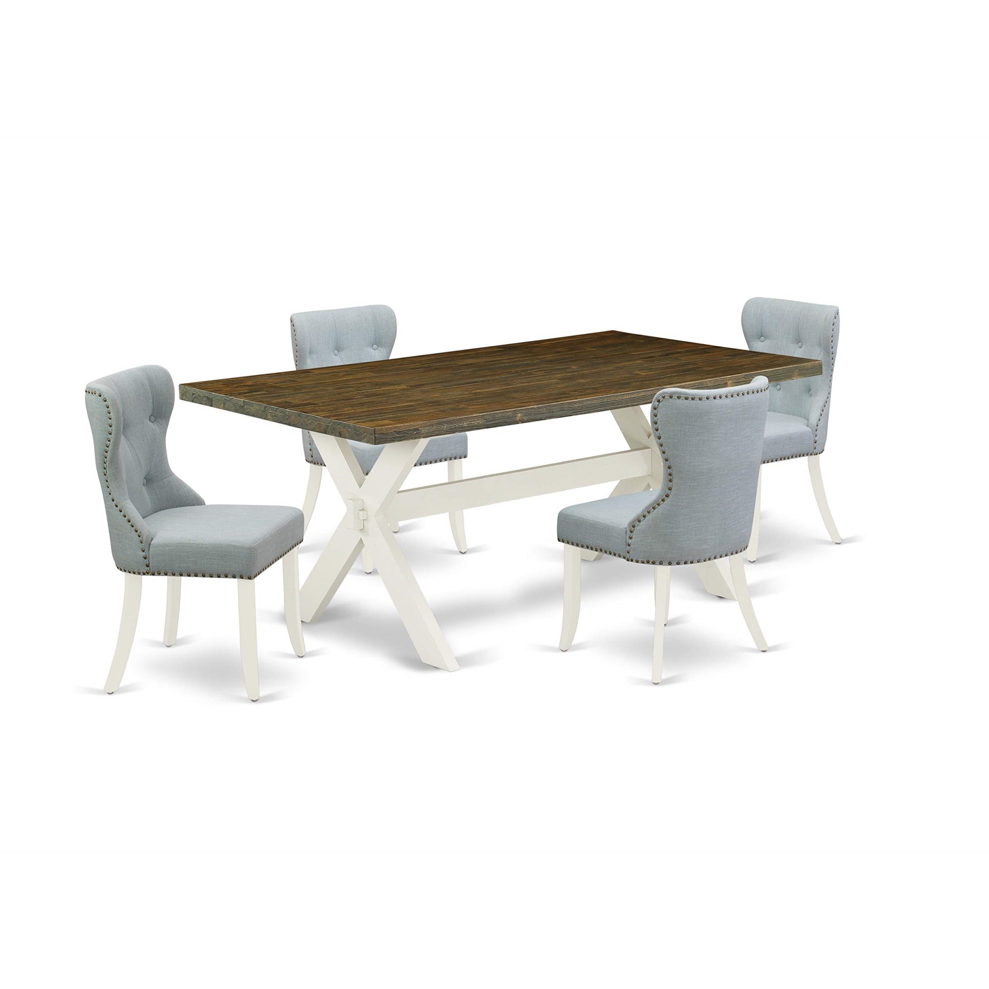 East West Furniture X077Si215-5 5 Piece Kitchen Table & Chairs Set Includes A Rectangle Dining Table With X-Legs And 4 Baby Blue Linen Fabric Parson Chairs, 40X72 Inch, Multi-Color