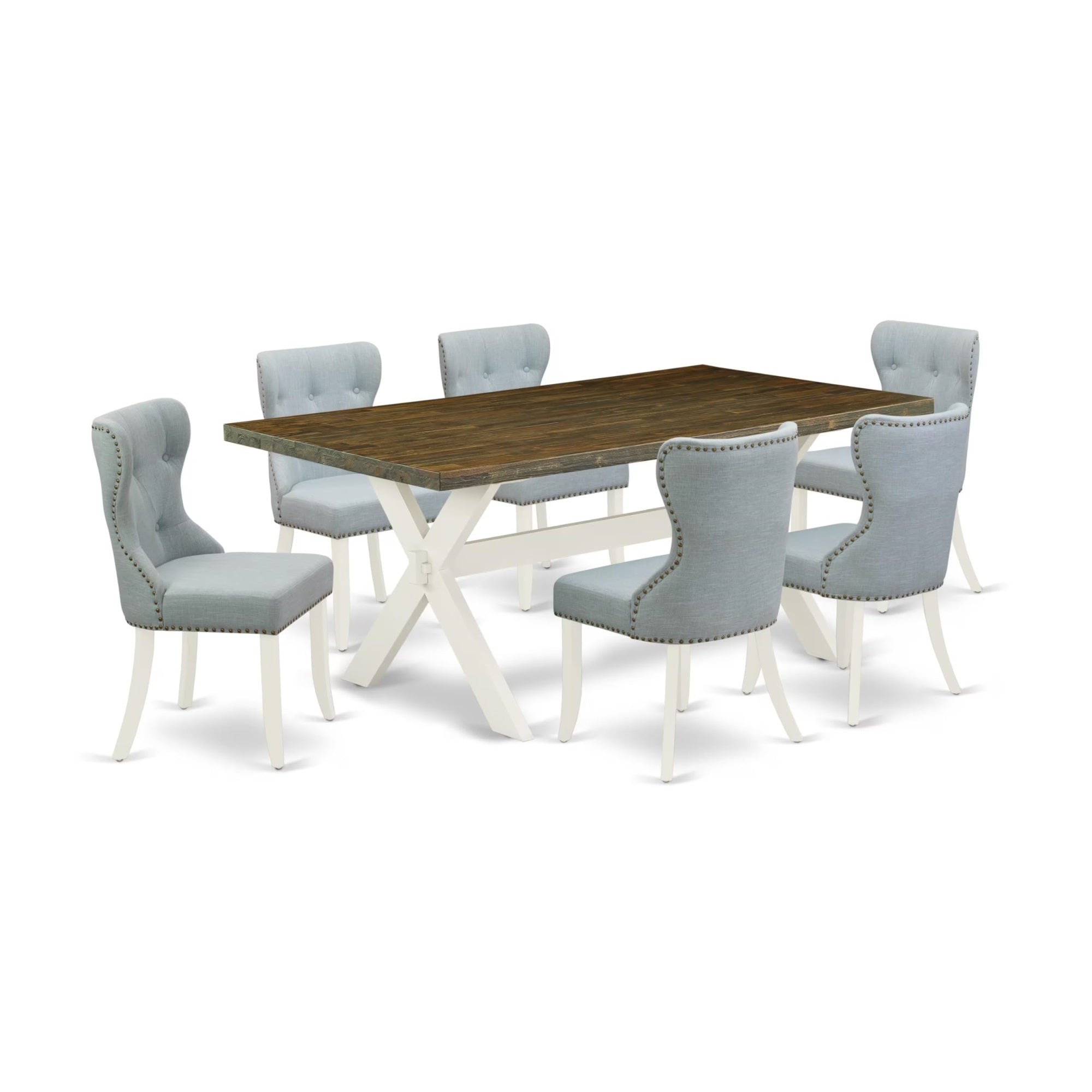 Casafoyer X077Si215-7 7 Piece Dining Table Set Consist Of A Rectangle Dining Room Table With X-Legs And 6 Baby Blue Linen Fabric Upholstered Chairs, 40X72 Inch, Multi-Color
