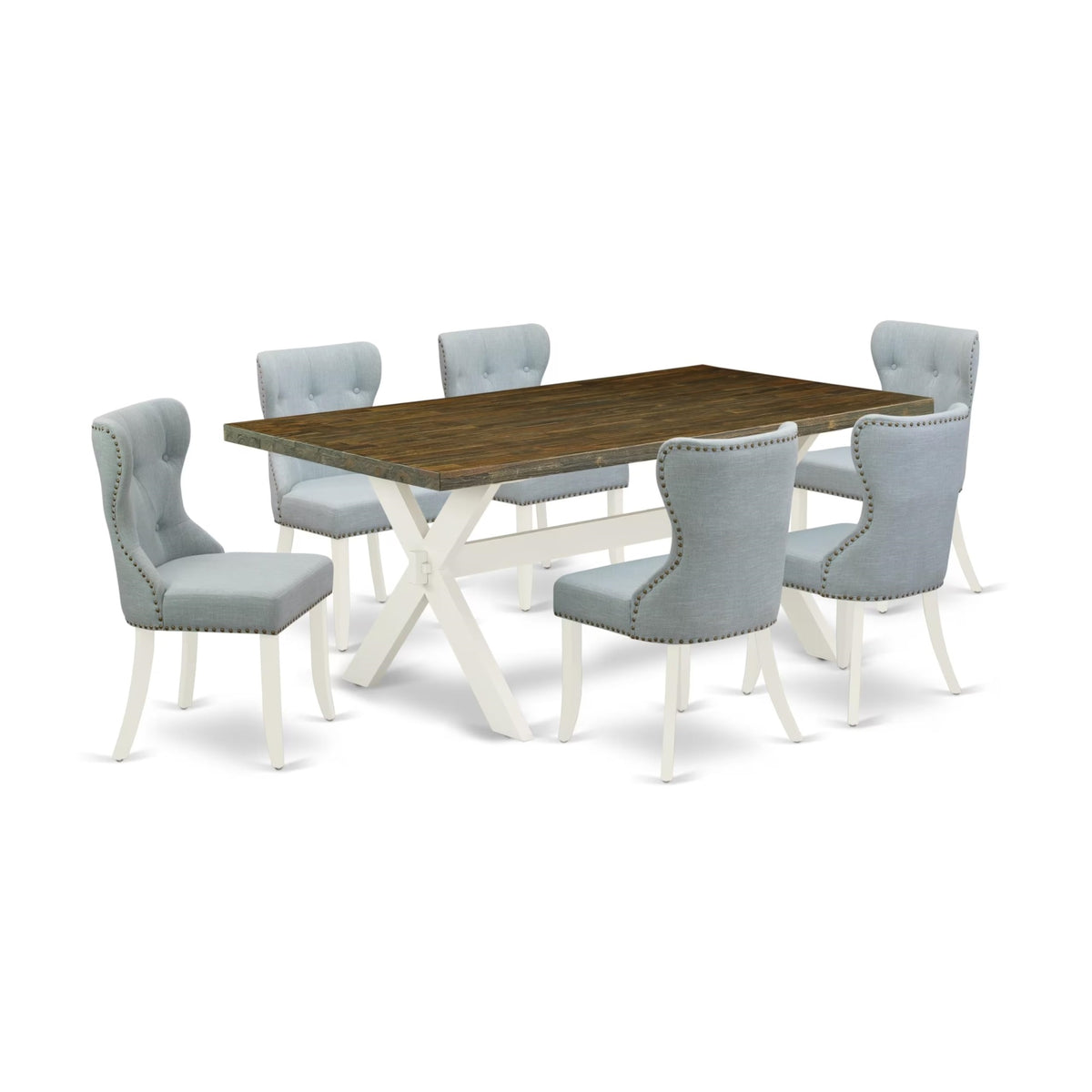 Casafoyer X077Si215-7 7 Piece Dining Table Set Consist Of A Rectangle Dining Room Table With X-Legs And 6 Baby Blue Linen Fabric Upholstered Chairs, 40X72 Inch, Multi-Color