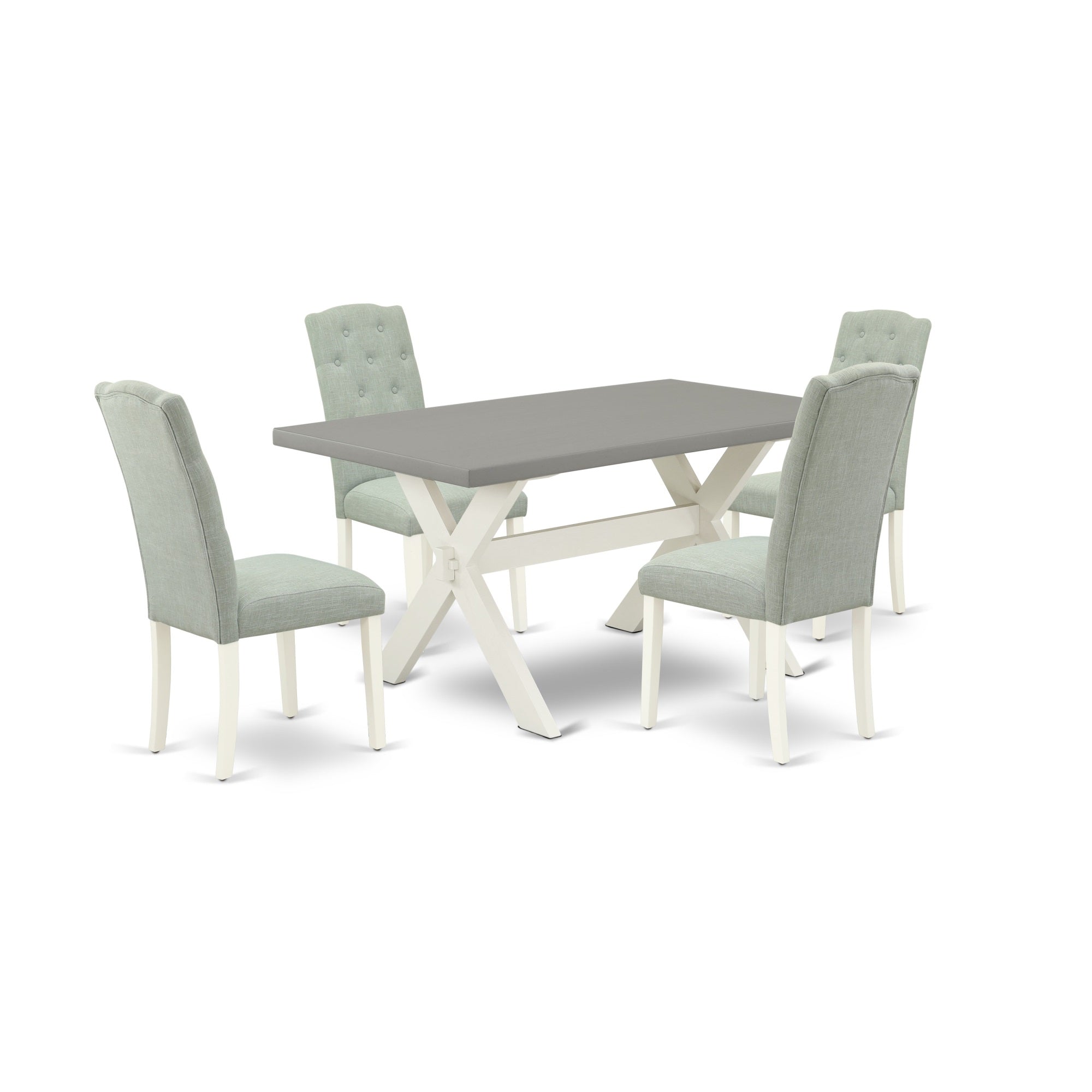 East West Furniture 5-Pc Dining Room Table Set- 4 Upholstered Dining Chairs With Baby Blue Linen Fabric Seat And Button Tufted Chair Back - Rectangular Table Top & Wooden Cross Legs - Cement And Linen White Finish