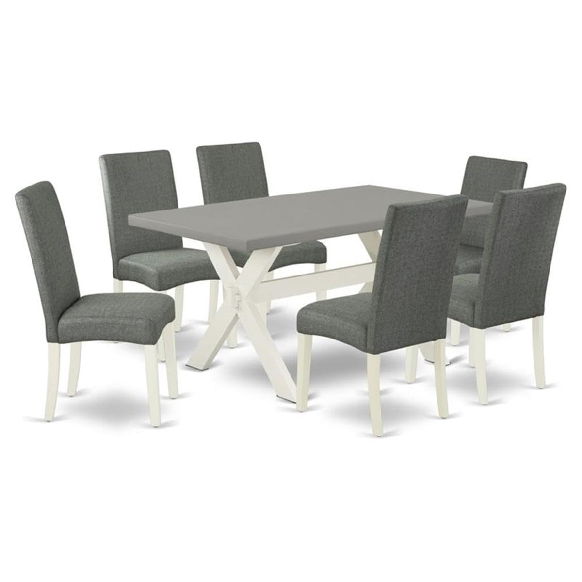 Casafoyer X096Dr207-7 7 Piece Modern Dining Table Set Consist Of A Rectangle Wooden Table With X-Legs And 6 Gray Linen Fabric Upholstered Parson Chairs, 36X60 Inch, Multi-Color