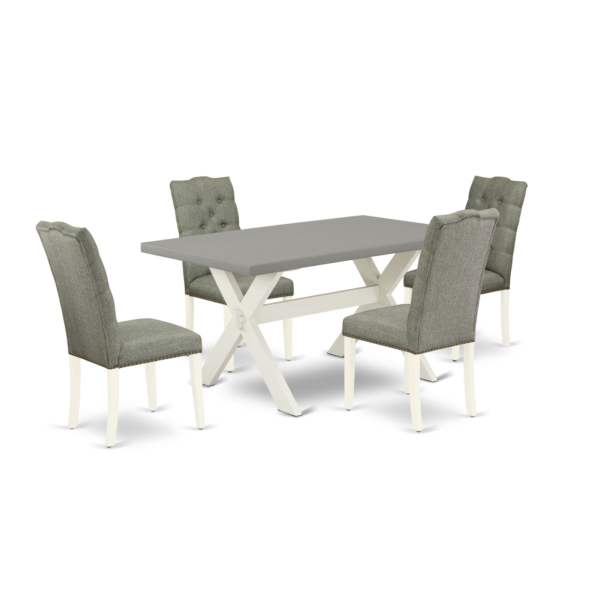 East West Furniture 5-Pc Modern Dining Table Set- 4 Parson Dining Chairs With Smoke Linen Fabric Seat And Button Tufted Chair Back - Rectangular Table Top & Wooden Cross Legs - Cement And Linen White Finish