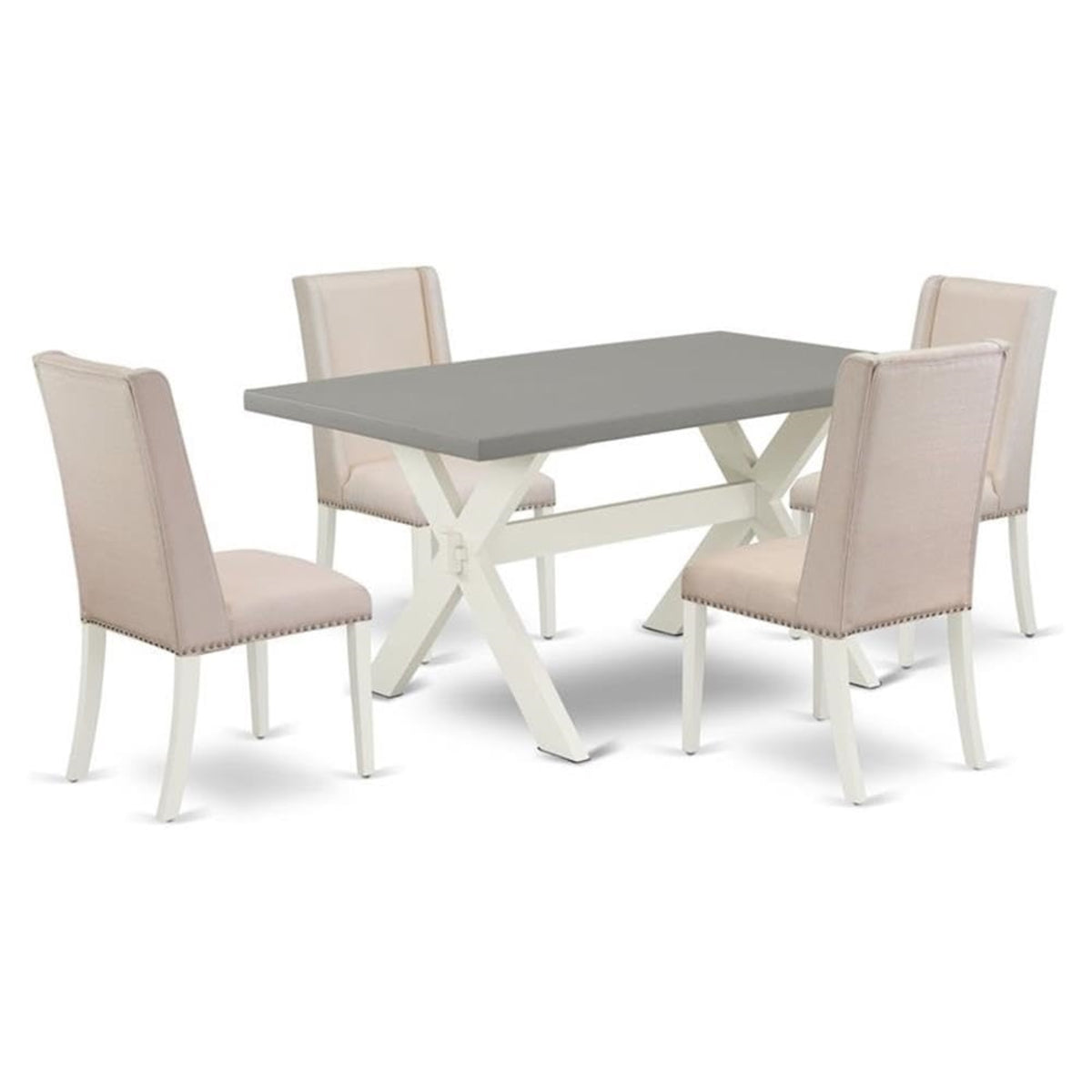 Casafoyer X096Fl201-5 5 Piece Modern Dining Table Set Includes A Rectangle Wooden Table With X-Legs And 4 Cream Linen Fabric Upholstered Chairs, 36X60 Inch, Multi-Color