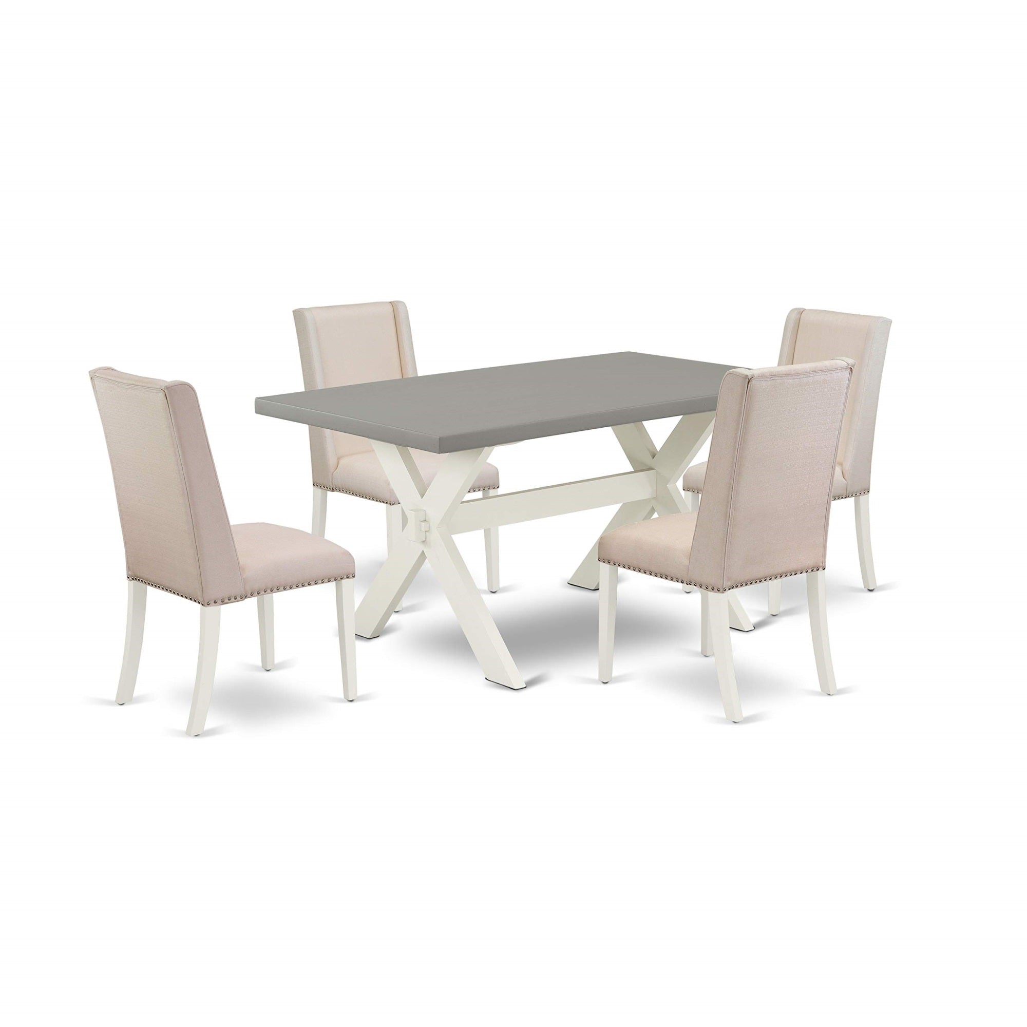 East West Furniture X096Fl201-5 5 Piece Modern Dining Table Set Includes A Rectangle Wooden Table With X-Legs And 4 Cream Linen Fabric Upholstered Chairs, 36X60 Inch, Multi-Color