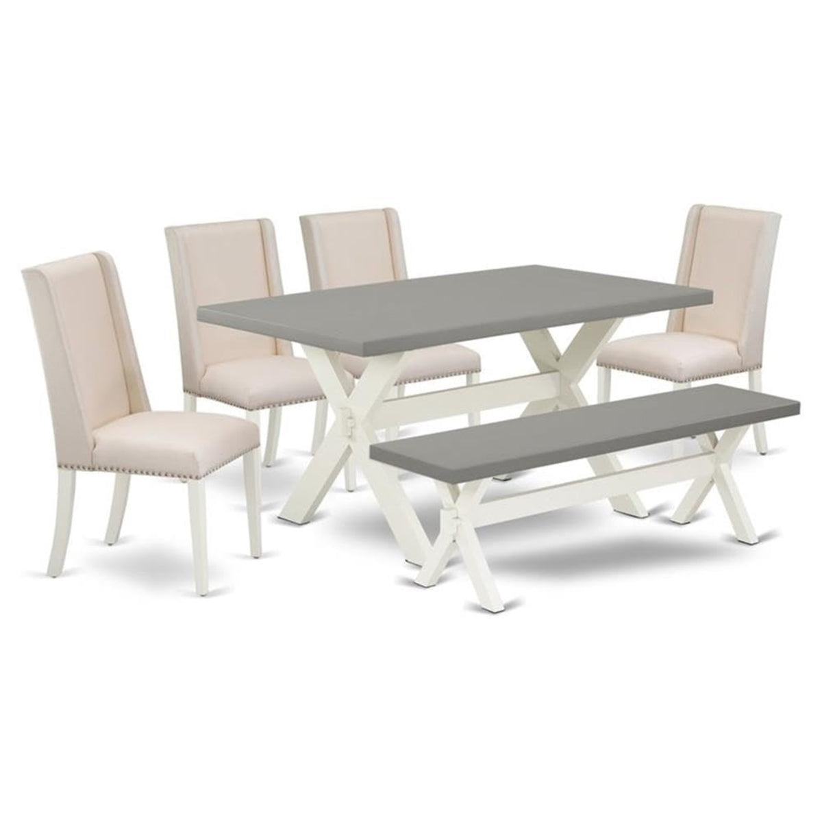 Casafoyer X096Fl201-6 6 Piece Dining Set Contains A Rectangle Dining Room Table With X-Legs And 4 Cream Linen Fabric Parson Chairs With A Bench, 36X60 Inch, Multi-Color