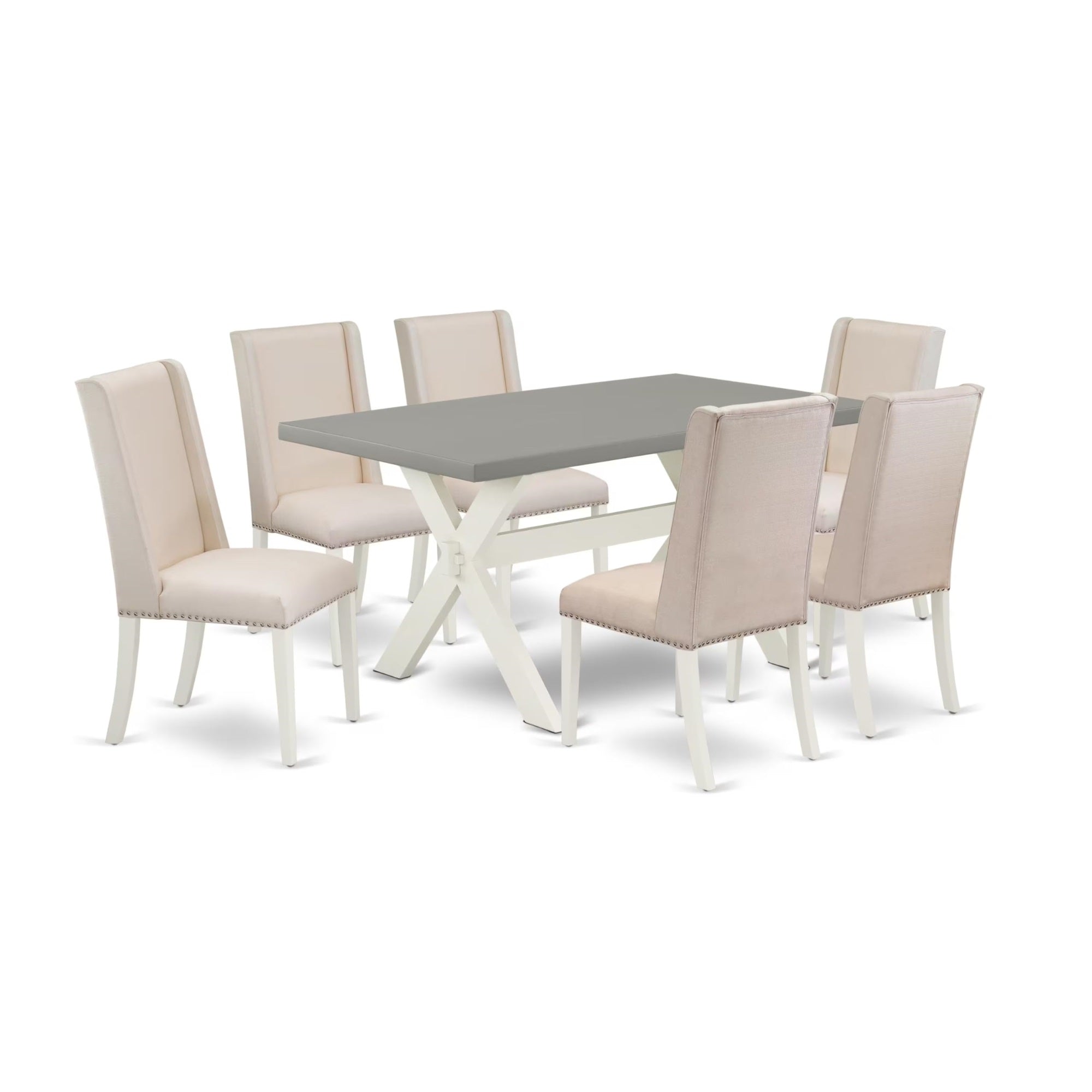 Casafoyer X096Fl201-7 7 Piece Modern Dining Table Set Consist Of A Rectangle Wooden Table With X-Legs And 6 Cream Linen Fabric Parson Dining Chairs, 36X60 Inch, Multi-Color