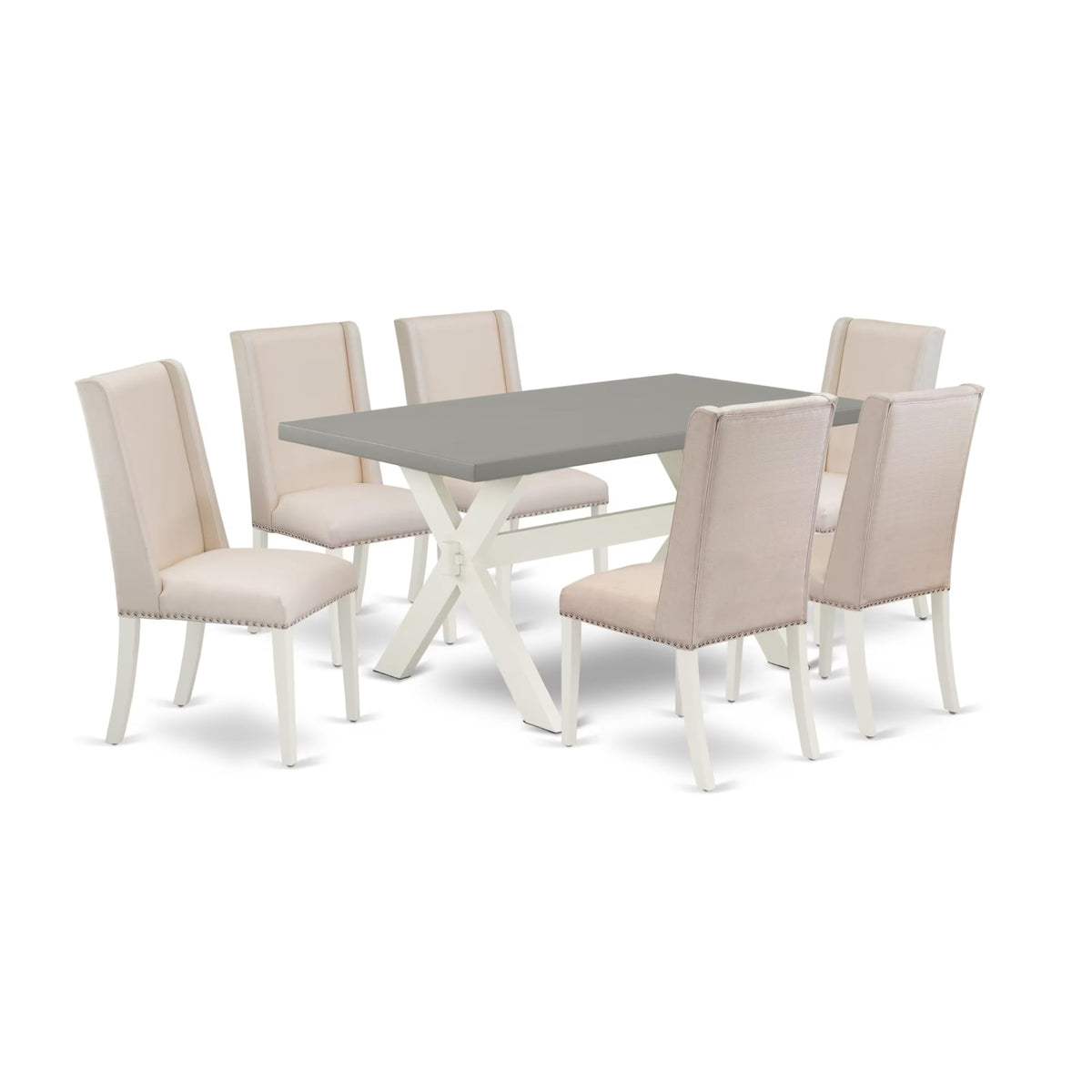 Casafoyer X096Fl201-7 7 Piece Modern Dining Table Set Consist Of A Rectangle Wooden Table With X-Legs And 6 Cream Linen Fabric Parson Dining Chairs, 36X60 Inch, Multi-Color