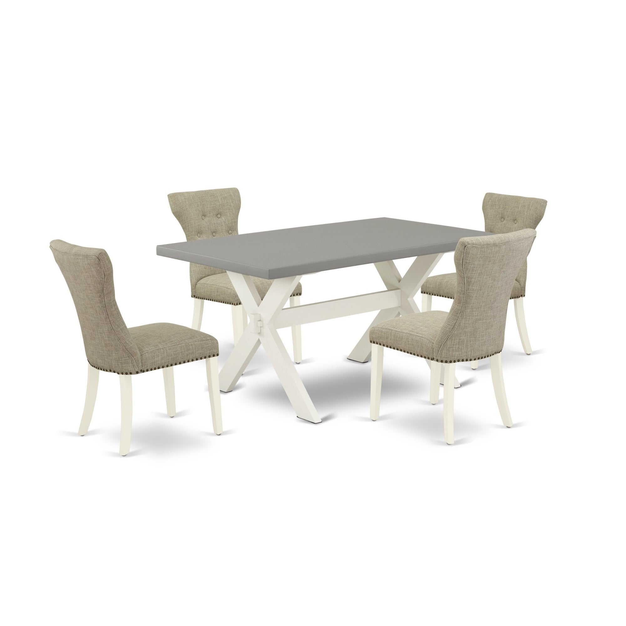 East West Furniture 5-Pc Dining Table Set- 4 Dining Padded Chairs With Doeskin Linen Fabric Seat And Button Tufted Chair Back - Rectangular Table Top & Wooden Cross Legs - Cement And Linen White Finish