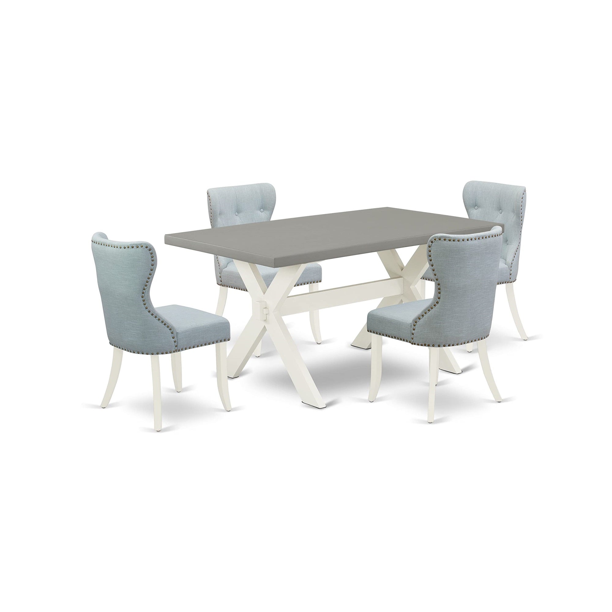 Ergode X096Si215-5, 5-Piece Dining Room Table Set, Rectangle Table With X-Legs, 4 Baby Blue Linen Fabric Chairs, 36X60 Inch