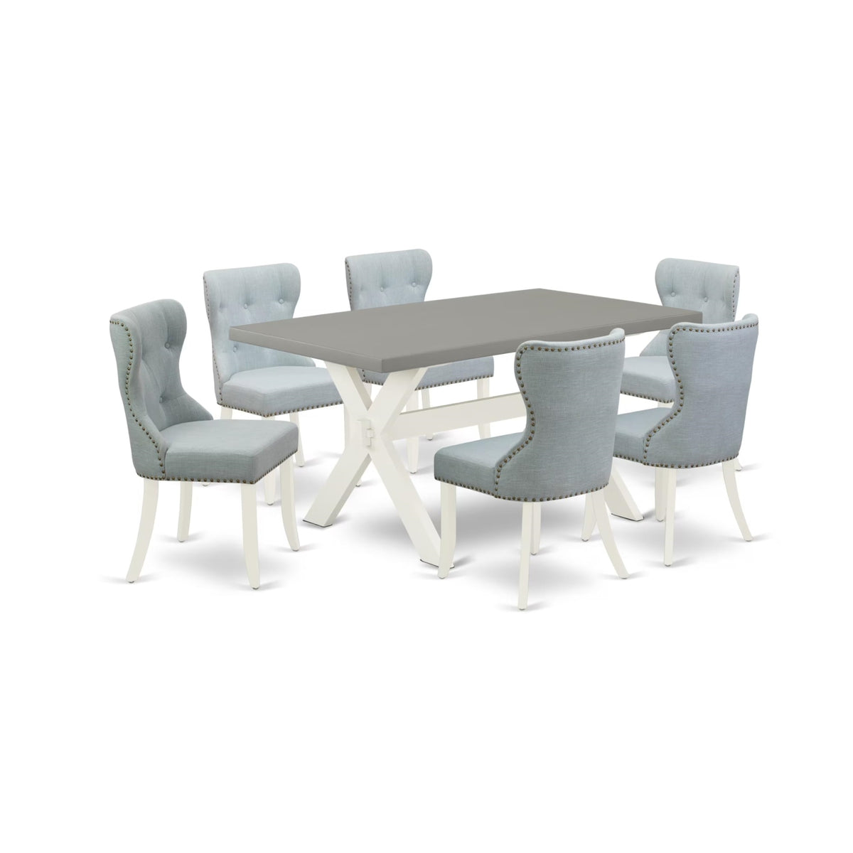 Casafoyer X-Style 7 Piece Set Consist Of A Rectangle Dining Room Table With X-Legs And 6 Baby Blue Linen Fabric Upholstered Parson Chairs, 36X60 Inch, X096Si215-7