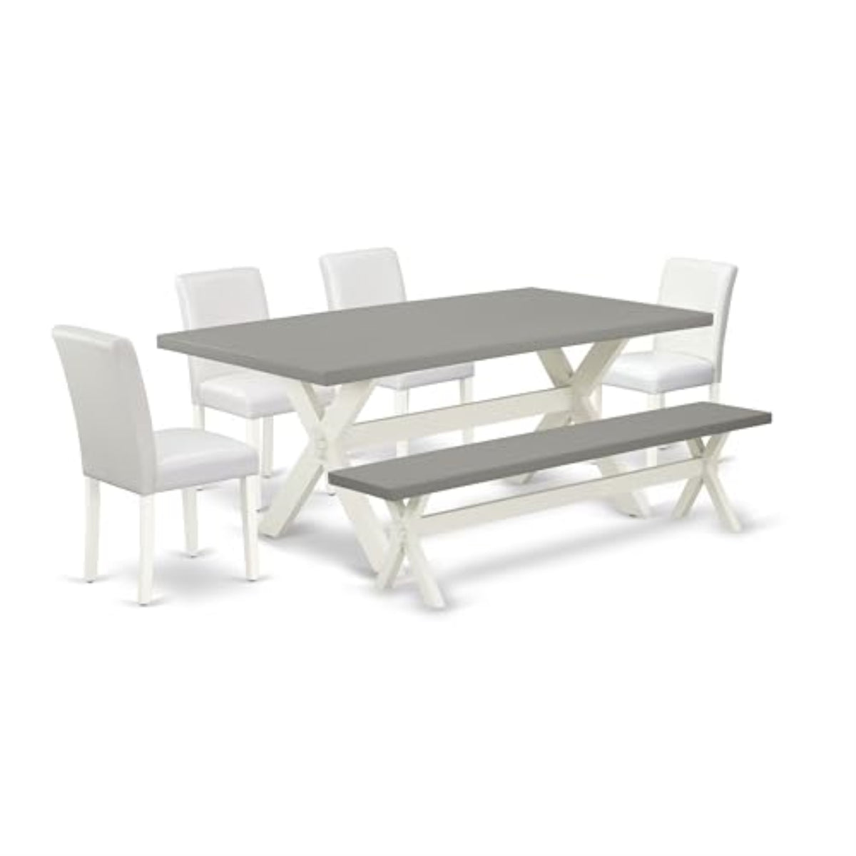 Casafoyer X-Style 6 Piece Modern Dining Set Contains A Rectangle Wooden Table With X-Legs And 4 White Faux Leather Parson Chairs With A Bench, 40X72 Inch, Multi-Color