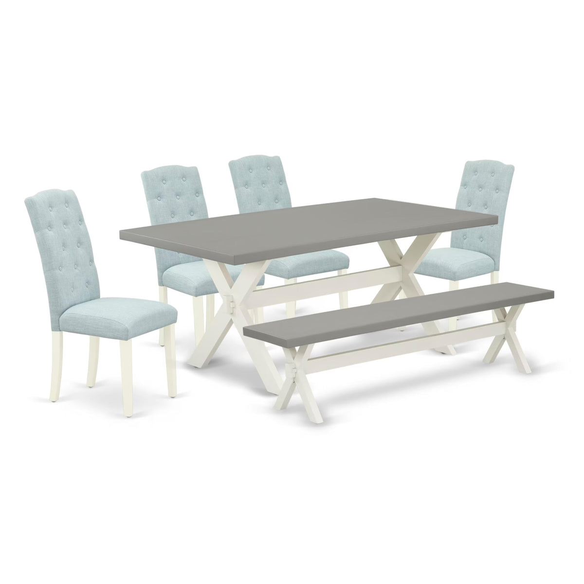 Casafoyer X097Ce215-6 6 Piece Dining Room Table Set Contains A Rectangle Kitchen Table With X-Legs And 4 Baby Blue Linen Fabric Parson Chairs With A Bench, 40X72 Inch, Multi-Color