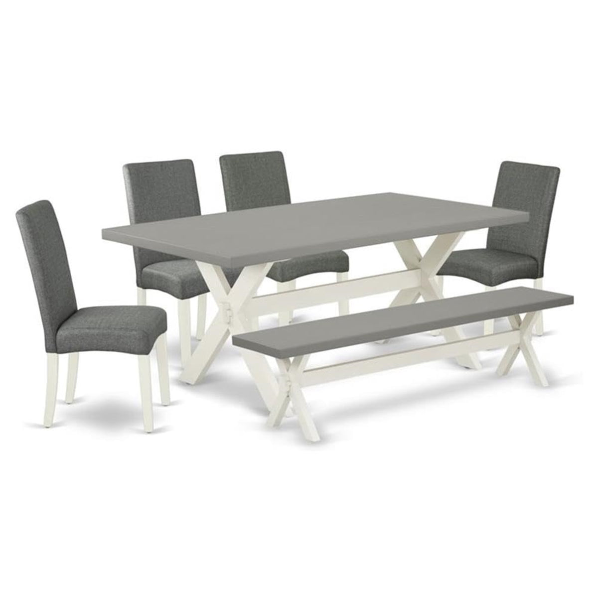 Casafoyer X097Dr207-6 6 Piece Kitchen Table Set Contains A Rectangle Dining Table With X-Legs And 4 Gray Linen Fabric Parson Chairs With A Bench, 40X72 Inch, Multi-Color