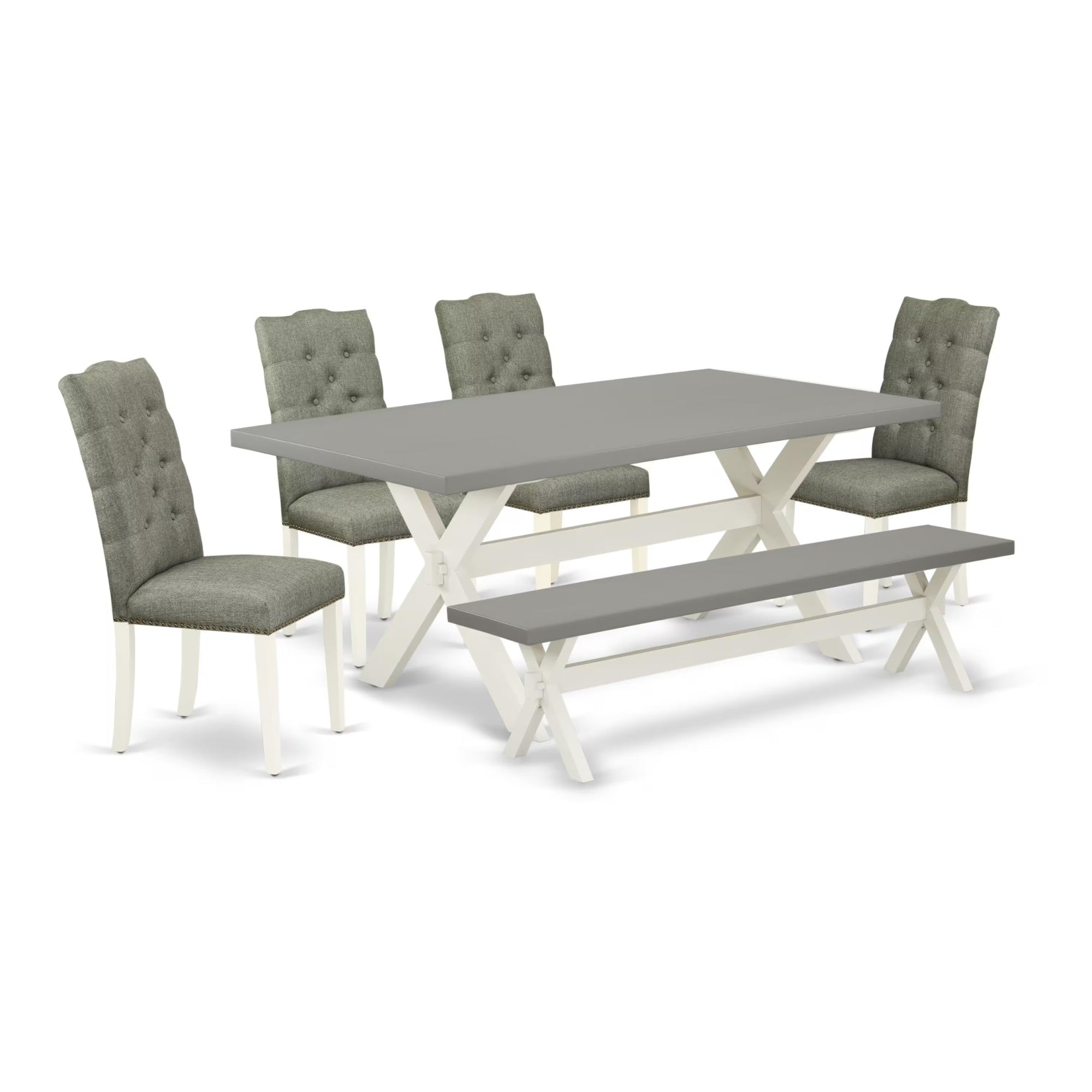 Casafoyer X097El207-6 6 Piece Kitchen Table Set Contains A Rectangle Dining Table With X-Legs And 4 Gray Linen Fabric Parson Chairs With A Bench, 40X72 Inch, Multi-Color