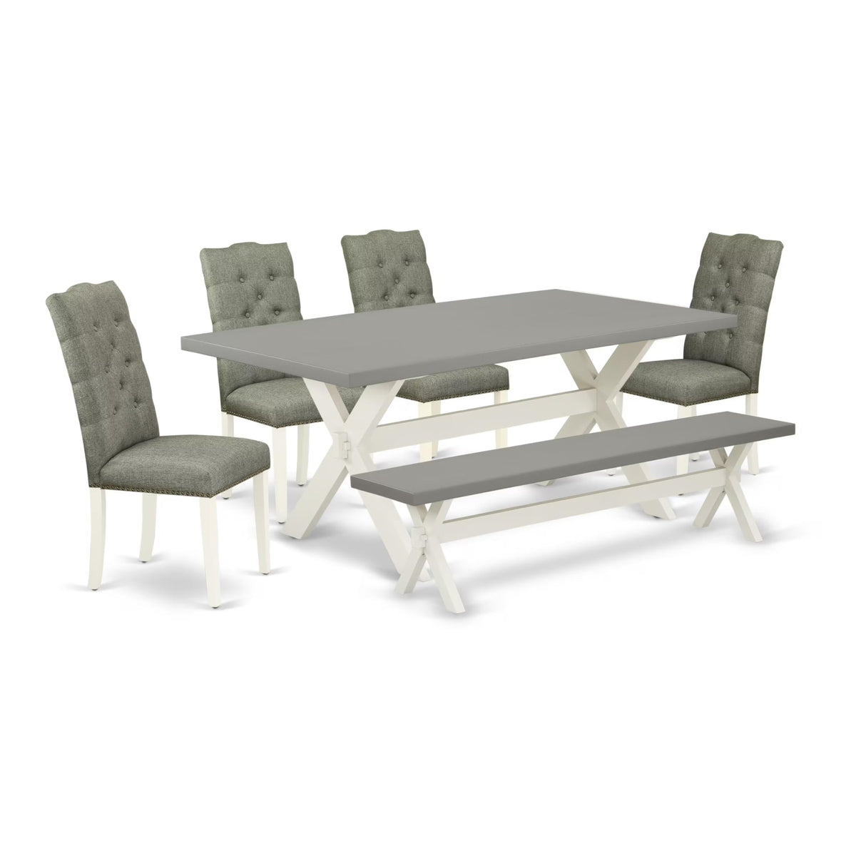 Casafoyer X097El207-6 6 Piece Kitchen Table Set Contains A Rectangle Dining Table With X-Legs And 4 Gray Linen Fabric Parson Chairs With A Bench, 40X72 Inch, Multi-Color