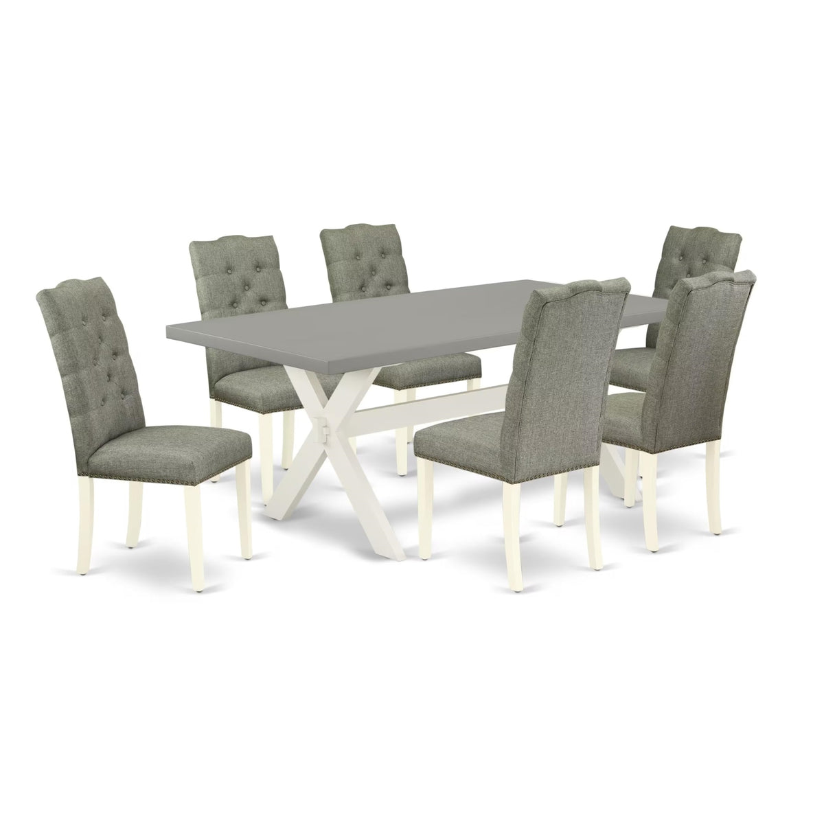 Casafoyer X097El207-7 7 Piece Dining Room Table Set Consist Of A Rectangle Kitchen Table With X-Legs And 6 Gray Linen Fabric Parson Dining Chairs, 40X72 Inch, Multi-Color