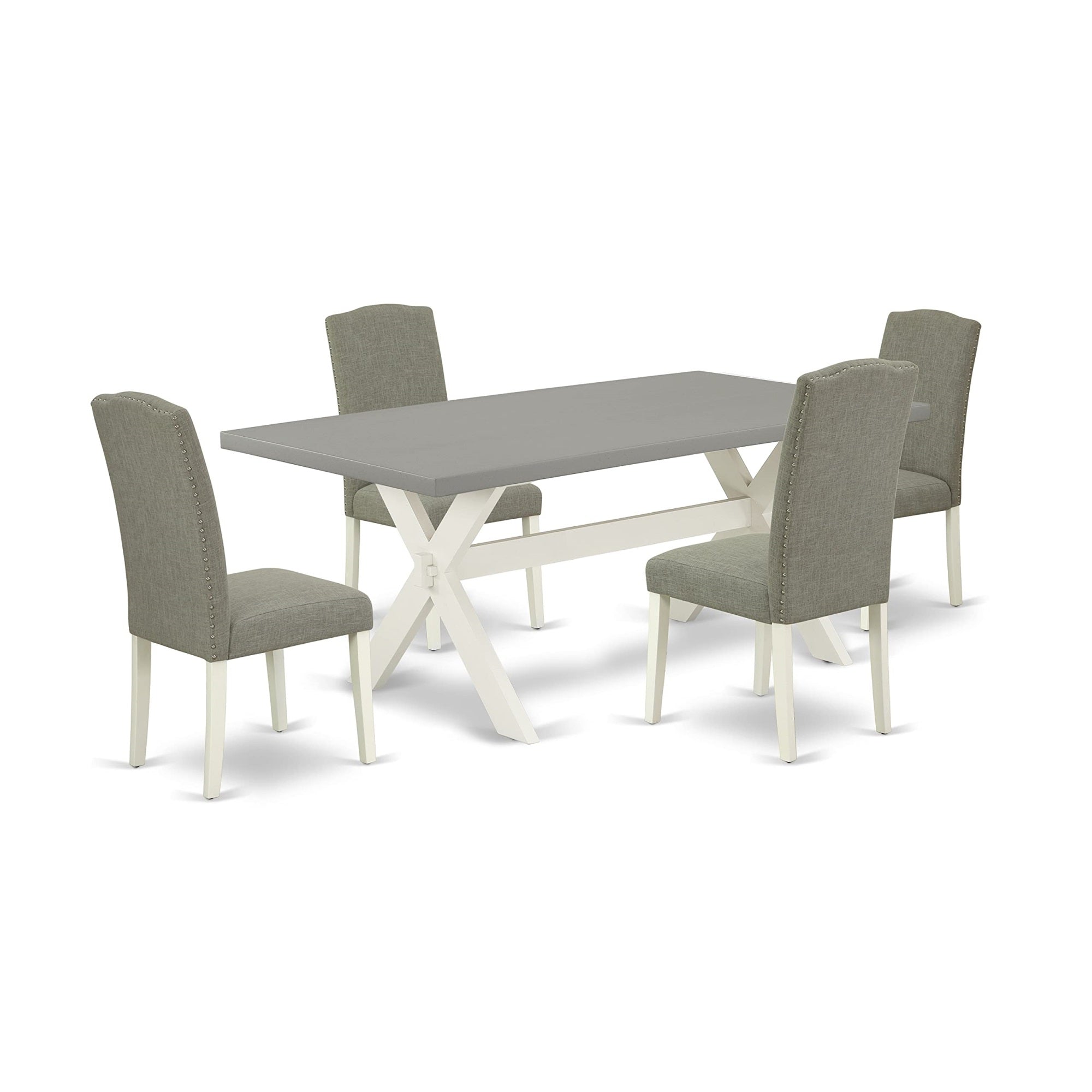 East West Furniture X097En206-5 5-Piece Dining Table Set - Cement Color Recta Ngular Table Top And 4 Excellent Linen Fabric Dining Chairs With Nail Heads And Stylish Chair Back, Linen White Finish