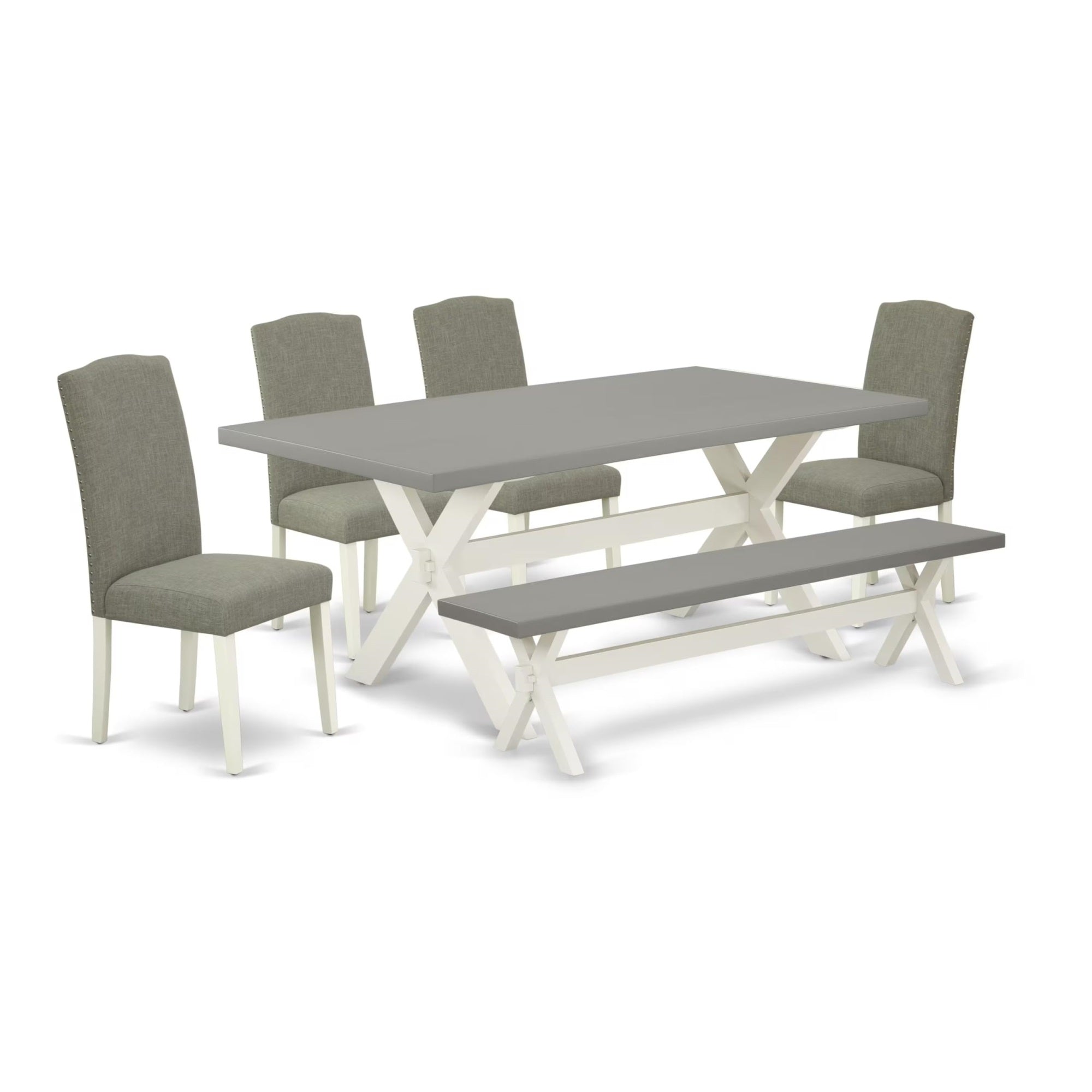 Casafoyer X097En206-6 6 Piece Dining Set Contains A Rectangle Dining Room Table With X-Legs And 4 Dark Shitake Linen Fabric Parson Chairs With A Bench, 40X72 Inch, Multi-Color