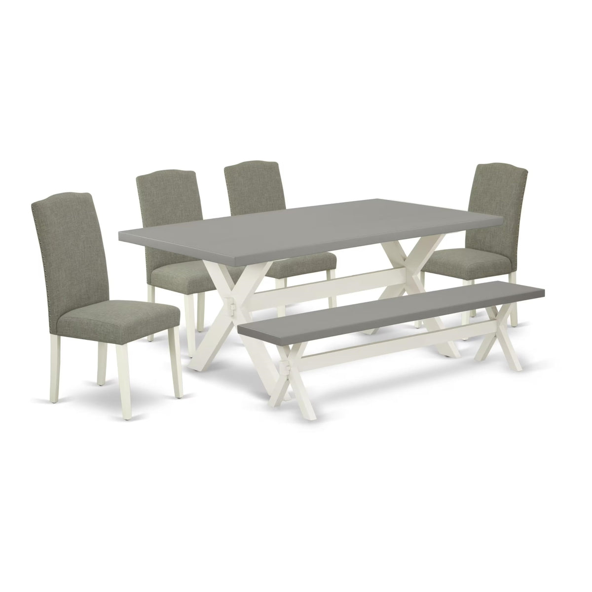 Casafoyer X097En206-6 6 Piece Dining Set Contains A Rectangle Dining Room Table With X-Legs And 4 Dark Shitake Linen Fabric Parson Chairs With A Bench, 40X72 Inch, Multi-Color
