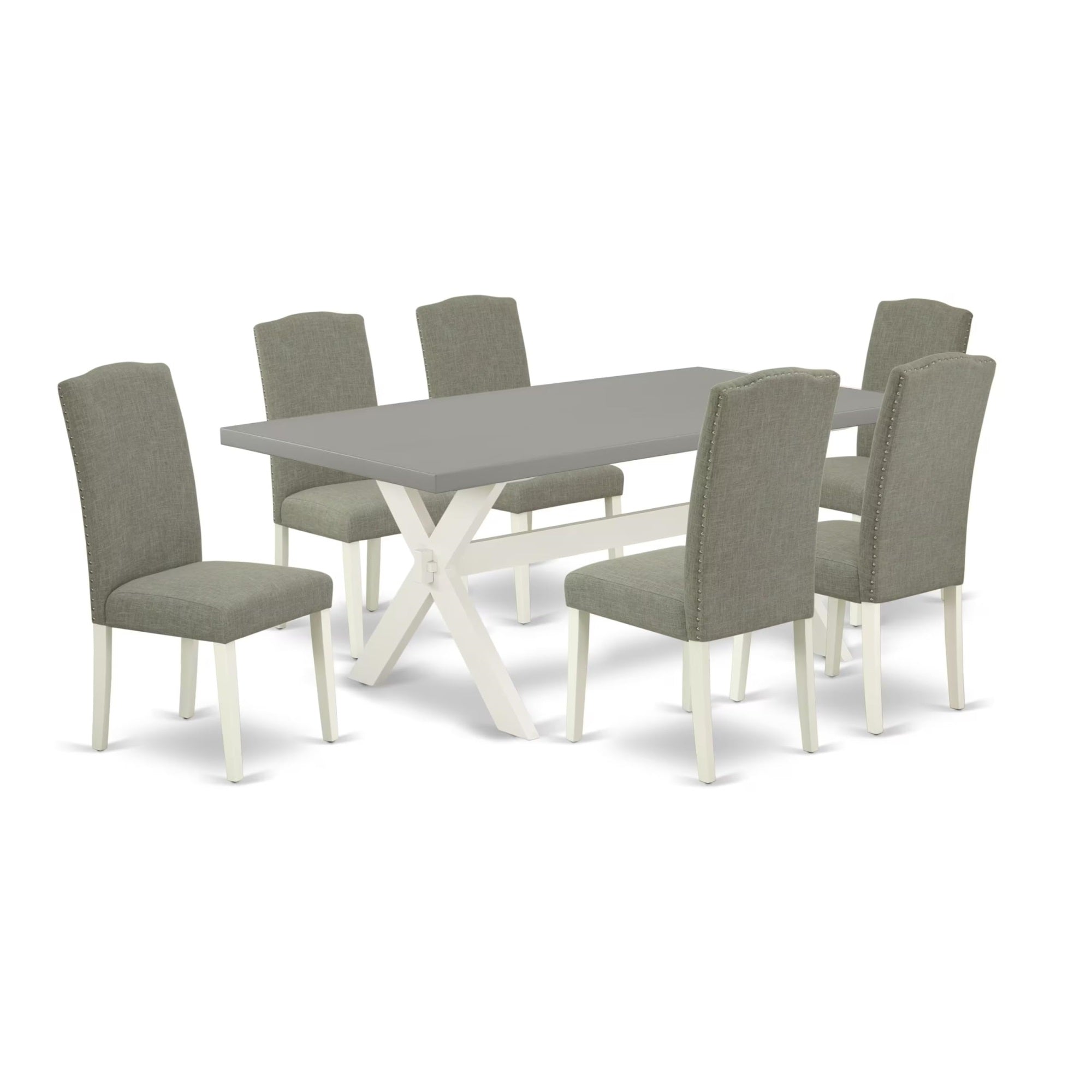 Casafoyer X097En206-7 7 Piece Dining Room Table Set Consist Of A Rectangle Kitchen Table With X-Legs And 6 Dark Shitake Linen Fabric Parson Dining Chairs, 40X72 Inch, Multi-Color