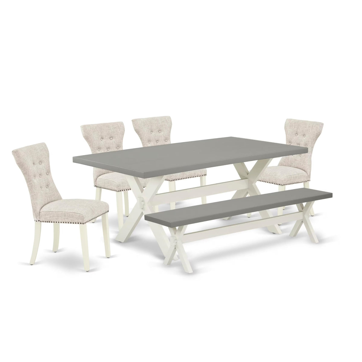 Casafoyer X-Style 6 Piece Dining Room Set Contains A Rectangle Kitchen Table With X-Legs And 4 Doeskin Linen Fabric Parson Chairs With A Bench, X097Ga235-6, Multi-Color