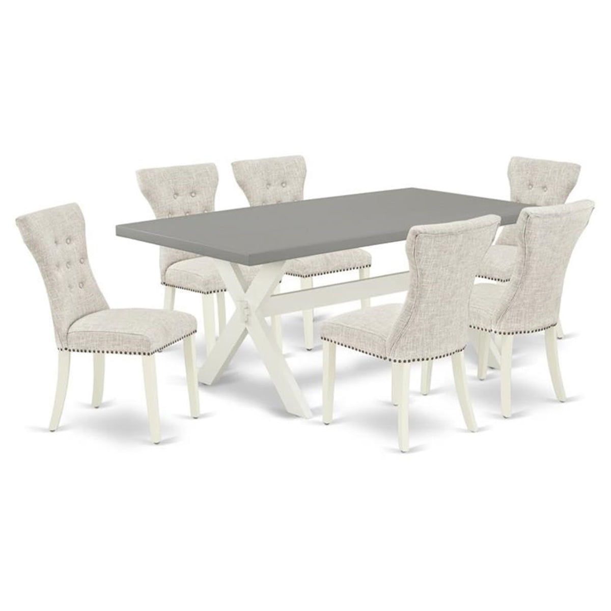 Casafoyer X-Style 7 Piece Modern Set Consist Of A Rectangle Wooden Table With X-Legs And 6 Doeskin Linen Fabric Parsons Dining Chairs, X097Ga235-7, Multi-Color