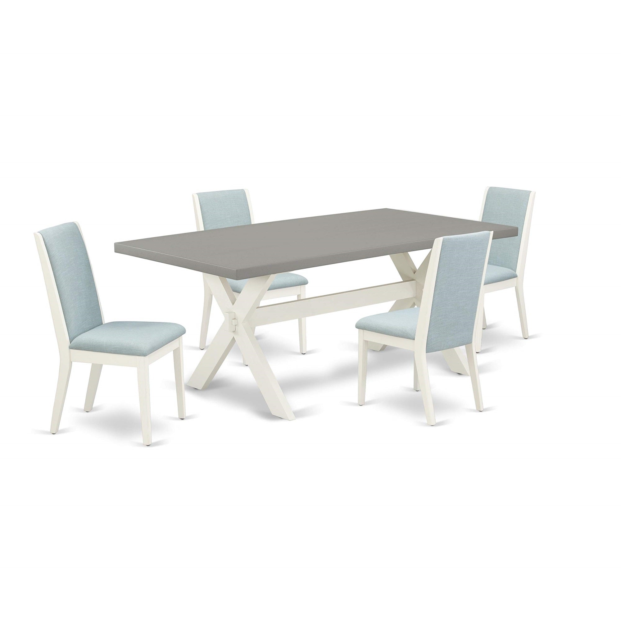 Ergode X097La015-5, 5-Piece Kitchen Set, Rectangle Dining Table With X-Legs, 4 Baby Blue Linen Chairs, Wire Brushed Off-White Finish, High-Quality Asian Wood, Easy Assembly, 40X72 Inch