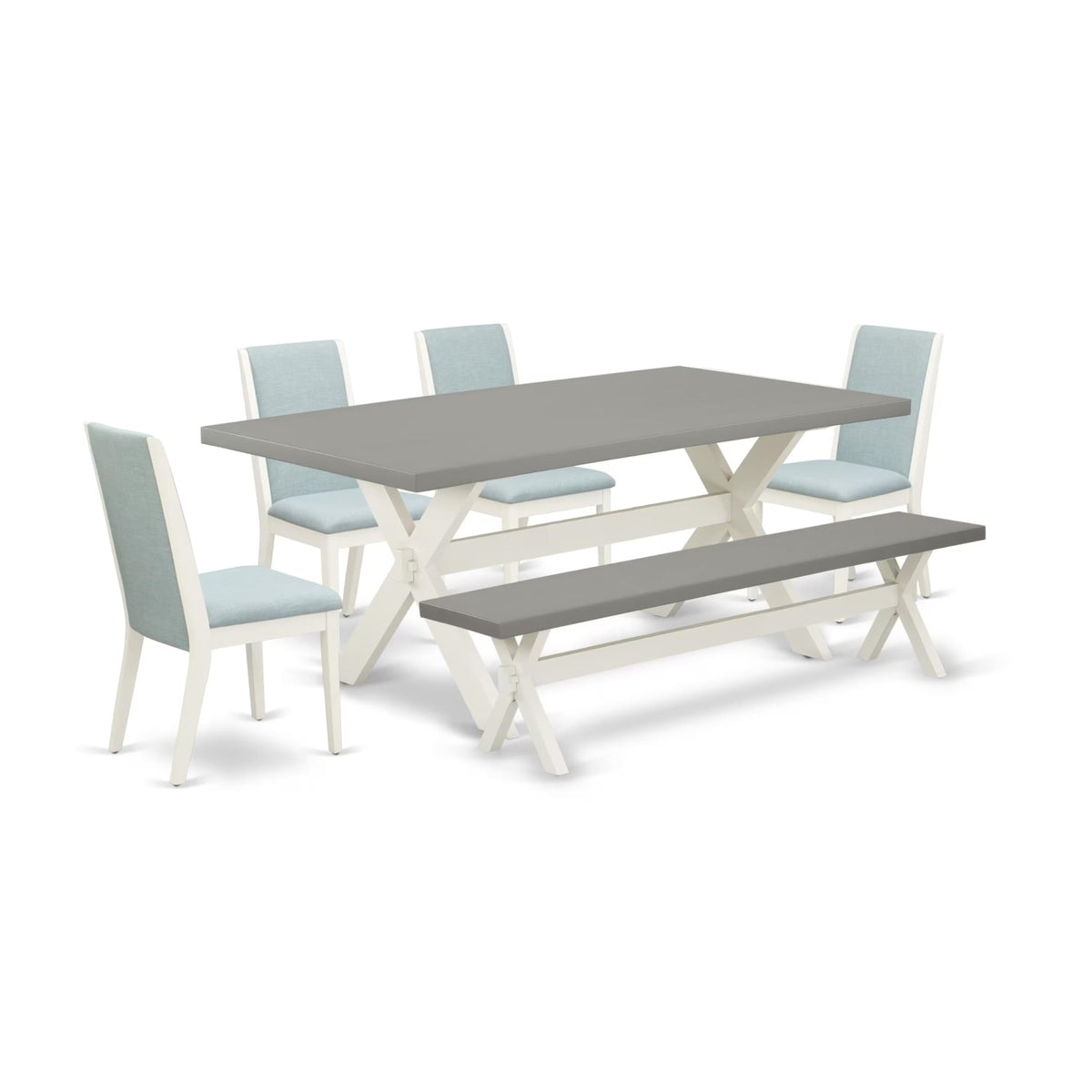 Casafoyer X-Style 6 Piece Kitchen Set Contains A Rectangle Dining Table With X-Legs And 4 Baby Blue Linen Fabric Parson Chairs With A Bench, 40X72 Inch, Multi-Color