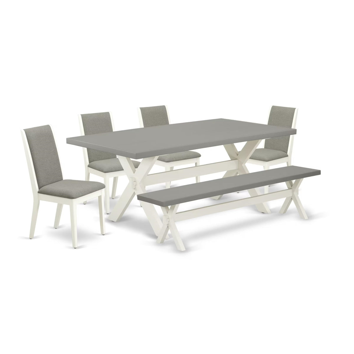 Casafoyer X-Style 6 Piece Modern Dining Set Contains A Rectangle Wooden Table With X-Legs And 4 Shitake Linen Fabric Parson Chairs With A Bench, 40X72 Inch, Multi-Color