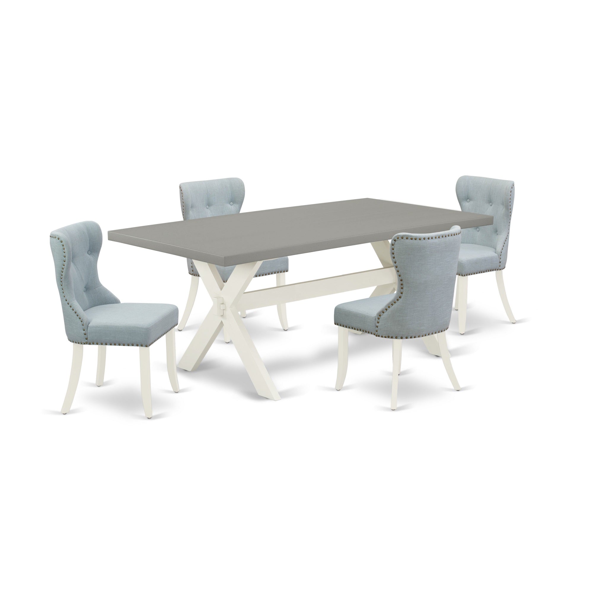 East West Furniture X097Si215-5 5-Pc Kitchen Dining Room Set- 4 Dining Room Chairs With Baby Blue Linen Fabric Seat And Button Tufted Chair Back - Rectangular Table Top & Wooden Cross Legs - Cement And Linen White Finish