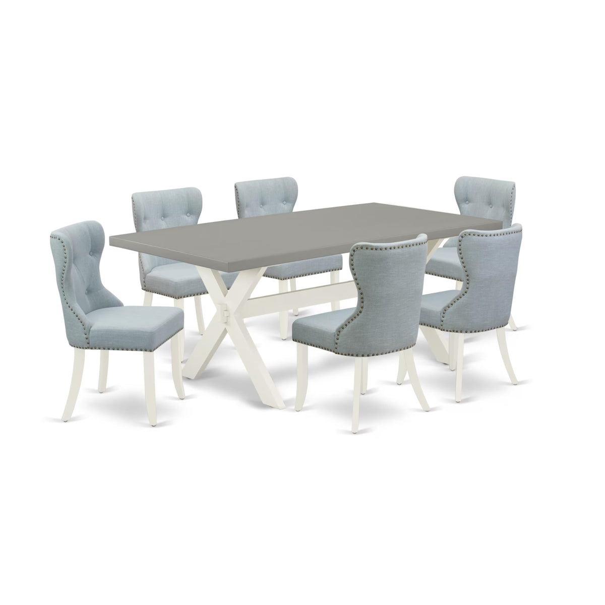 Casafoyer X-Style 7 Piece Set Consist Of A Rectangle Kitchen Table With X-Legs And 6 Baby Blue Linen Fabric Parson Dining Room Chairs, 40X72 Inch, X097Si215-7