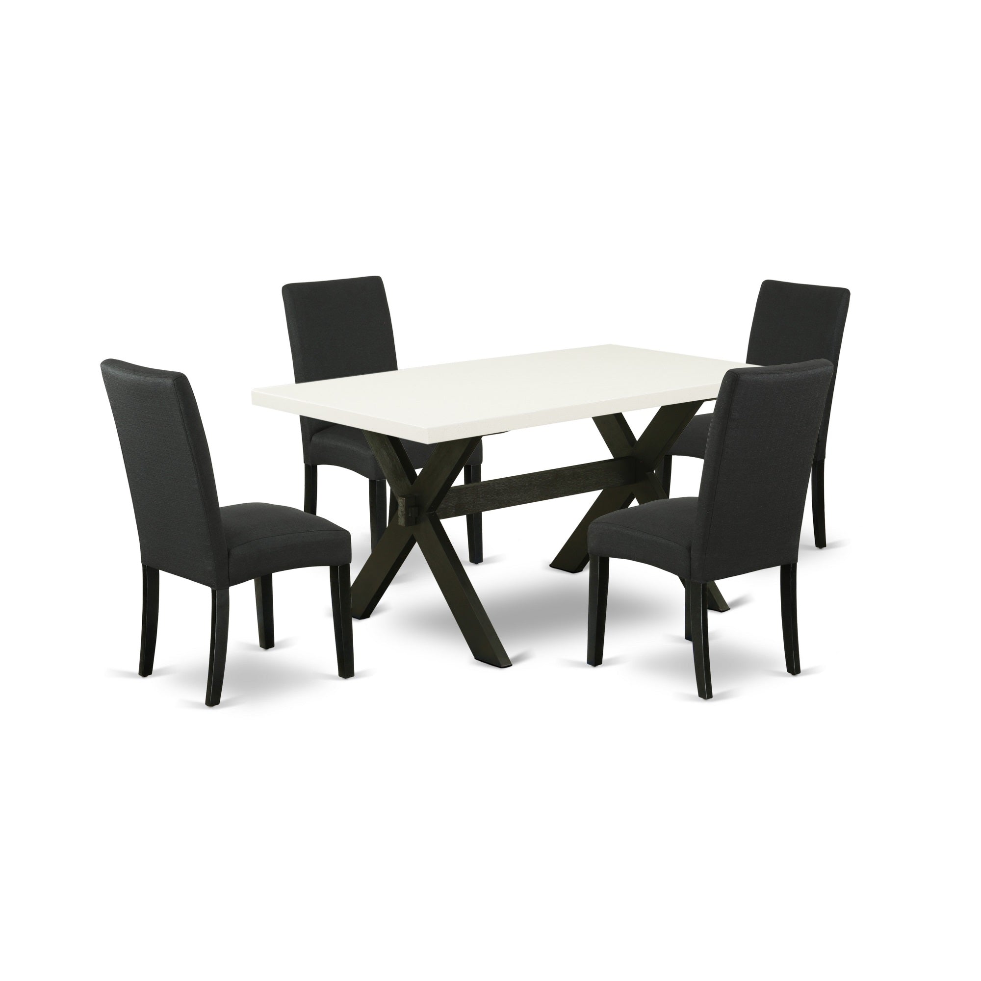East West Furniture X626Dr124-5 5-Pc Dining Table Set- 4 Parson Dining Chairs With Black Linen Fabric Seat And Stylish Chair Back - Rectangular Table Top & Wooden Cross Legs - Linen White And Black Finish