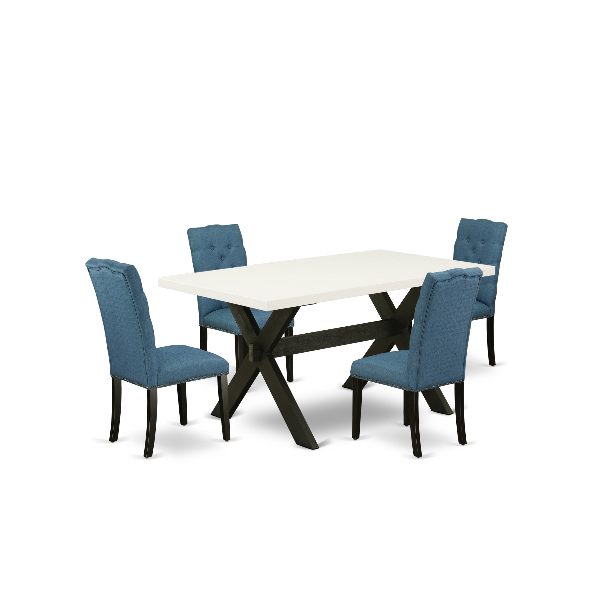 East West Furniture X626El121-5 5-Piece Awesome Dinette Set A Good Linen White Wood Dining Table Top And 4 Amazing Linen Fabric Kitchen Chairs With Nail Heads And Button Tufted Chair Back, Wire Brushed Black Finish