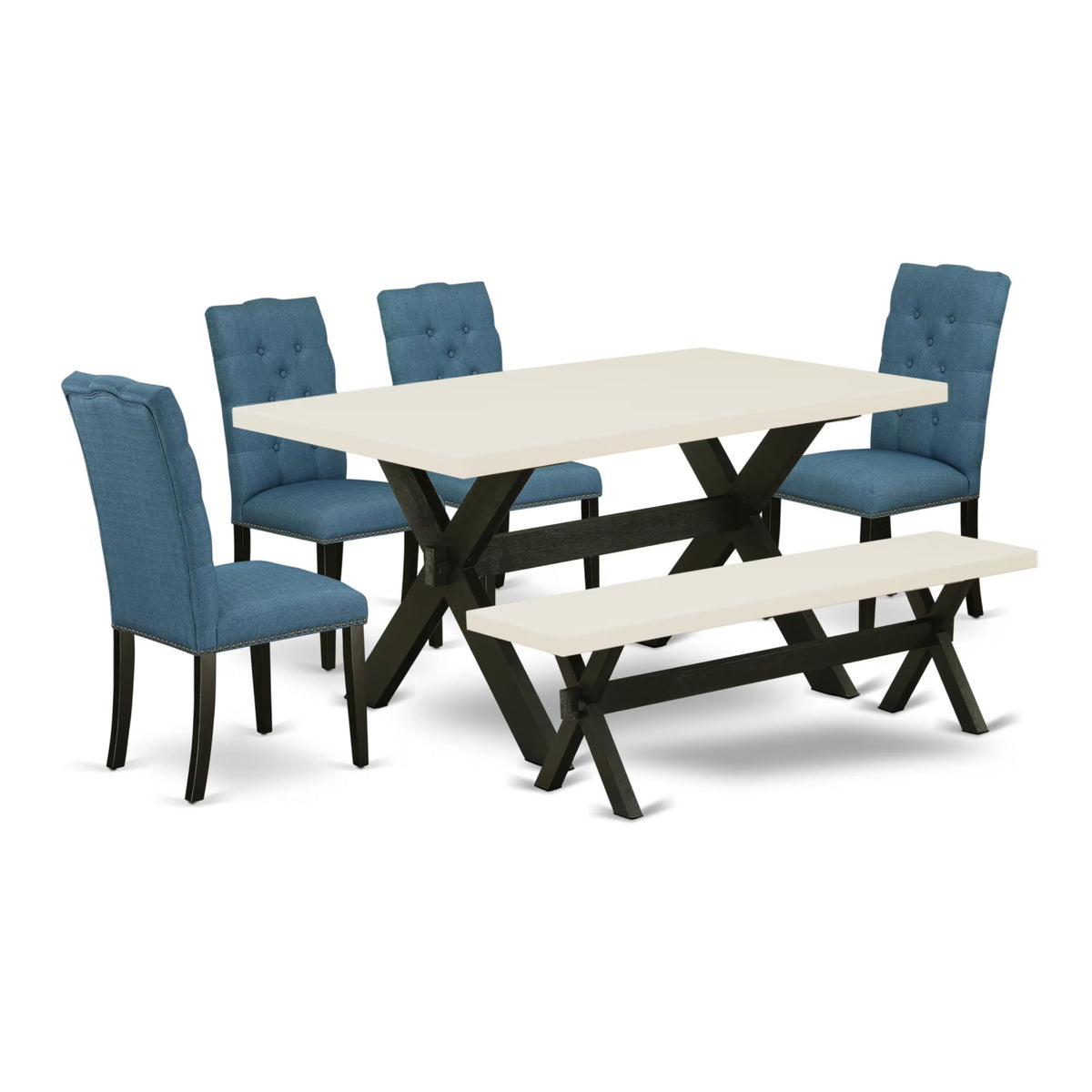 Casafoyer X626El121-6 6 Piece Dining Room Set Contains A Rectangle Dining Table With X-Legs And 4 Blue Linen Fabric Parson Chairs With A Bench, 36X60 Inch, Multi-Color