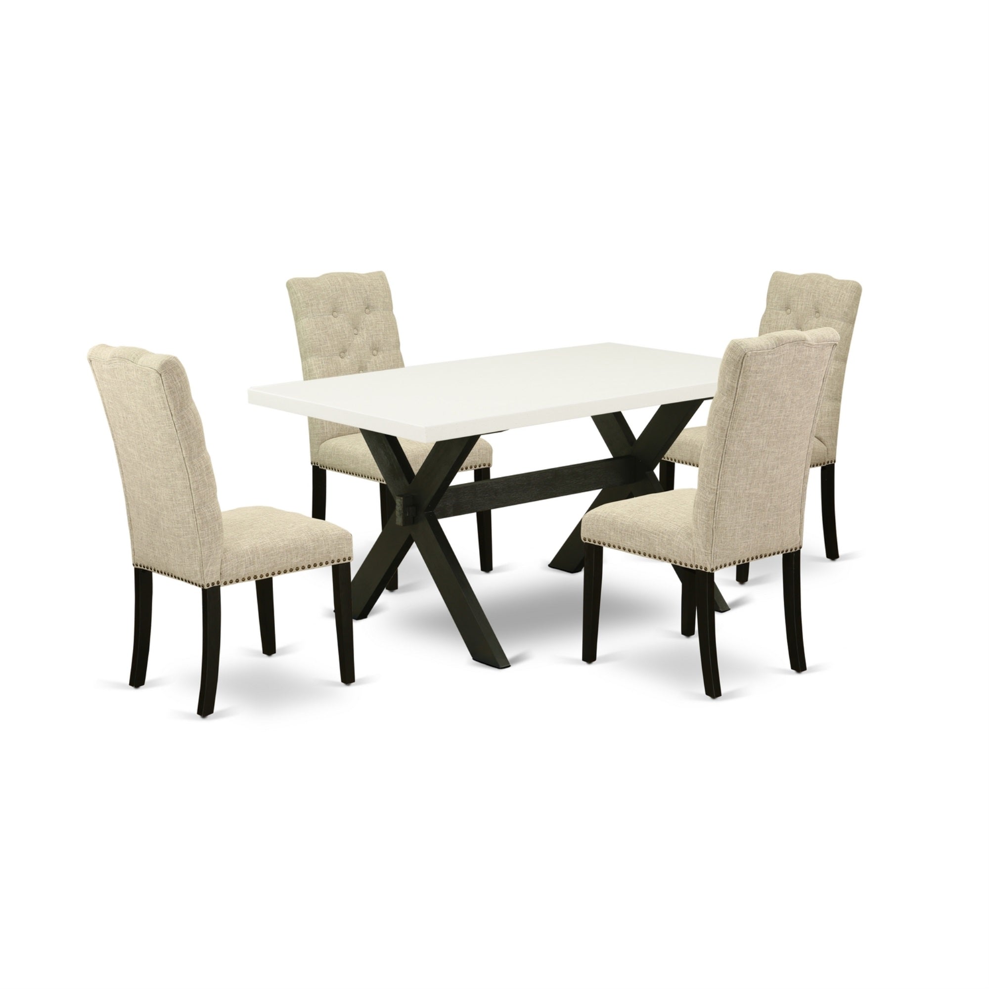 East West Furniture 5-Piece Kitchen Dinette Set Included 4 Parson Chairs Upholstered Nails Head Seat And High Button Tufted Chair Back And Rectangular Mid Century Dining Table With Linen White Dining Table Top - Black Finish