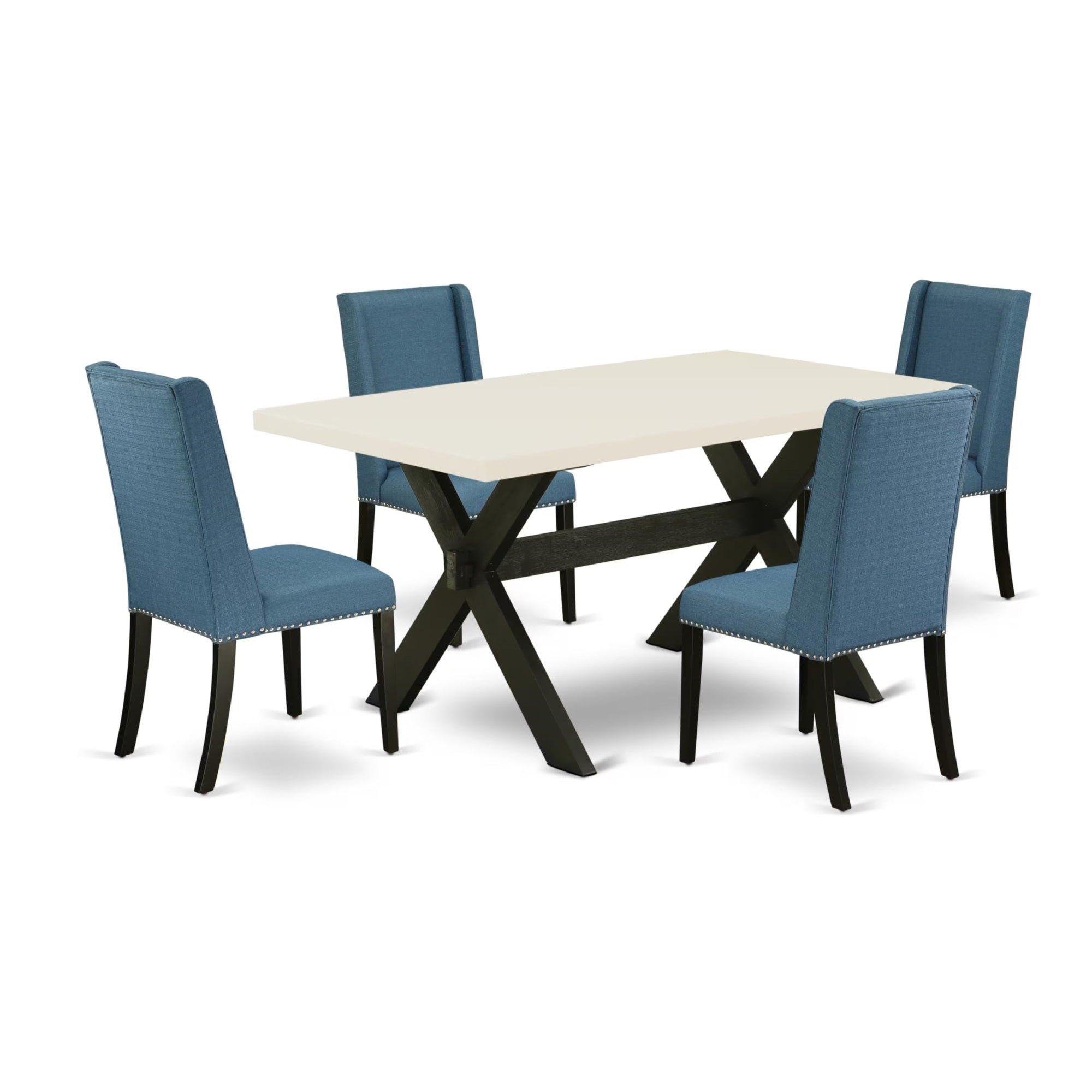 Casafoyer X626Fl121-5 5 Piece Dining Table Set For 4 Includes A Rectangle Kitchen Table With X-Legs And 4 Blue Linen Fabric Parson Dining Room Chairs, 36X60 Inch, Multi-Color