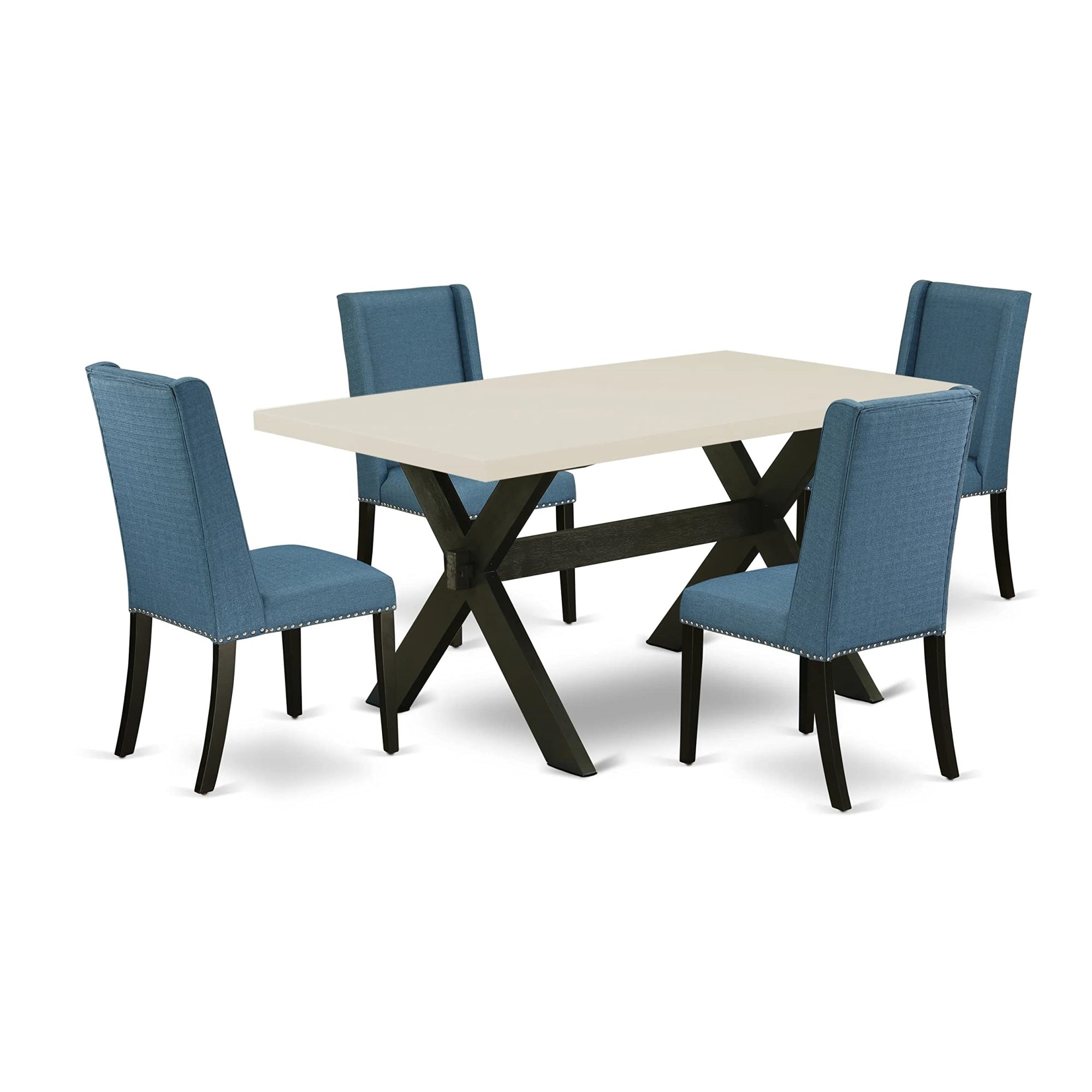 East West Furniture X626Fl121-5 5 Piece Set For 4 Includes A Rectangle Kitchen Table With X-Legs And 4 Blue Linen Fabric Parson Dining Room Chairs, 36X60 Inch, Multi-Color