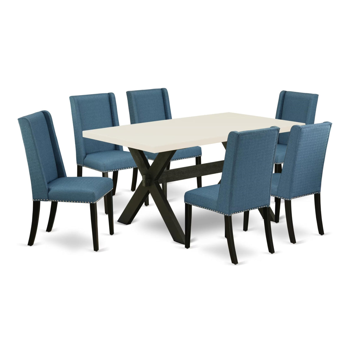 Casafoyer X626Fl121-7 7 Piece Room Furniture Set Consist Of A Rectangle Dining Table With X-Legs And 6 Blue Linen Fabric Upholstered Chairs, 36X60 Inch, Multi-Color