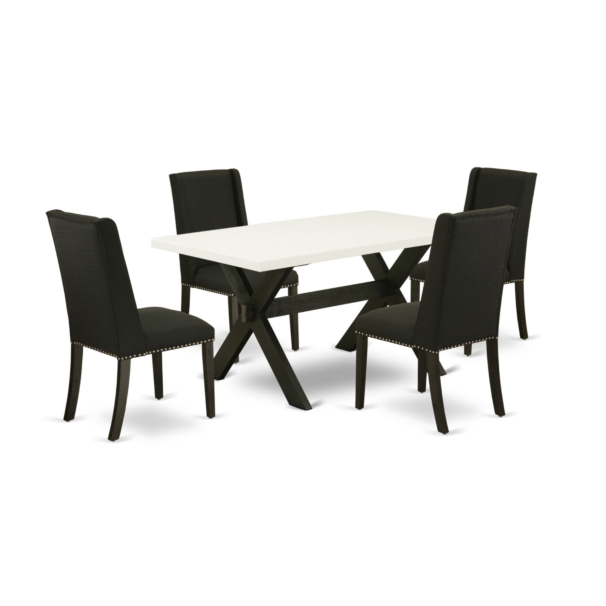 East West Furniture 5-Piece Mid Century Dining Table Set Included 4 Dining Chairs Upholstered Nails Head Seat And Stylish Chair Back And Rectangular Table With Linen White Dining Table Top - Wire Brushed Black Finish