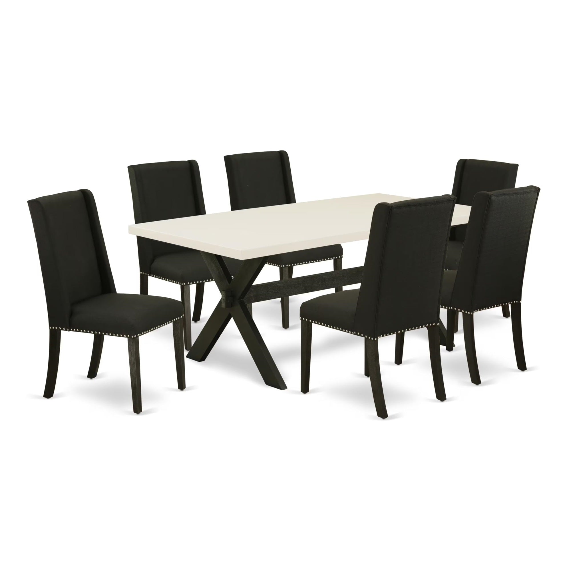 Casafoyer X627Fl624-7 7 Piece Modern Dining Table Set Consist Of A Rectangle Wooden Table With X-Legs And 6 Black Linen Fabric Upholstered Chairs, 40X72 Inch, Multi-Color