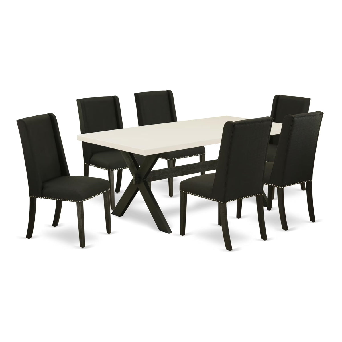 Casafoyer X627Fl624-7 7 Piece Modern Dining Table Set Consist Of A Rectangle Wooden Table With X-Legs And 6 Black Linen Fabric Upholstered Chairs, 40X72 Inch, Multi-Color