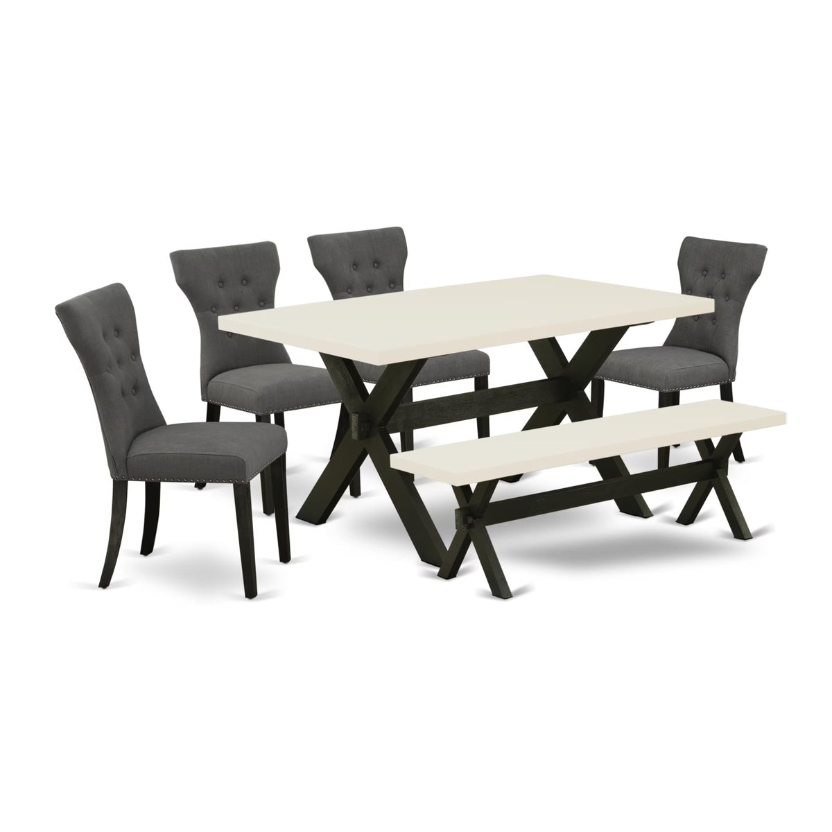 Casafoyer X-Style 6 Piece Set Contains A Rectangle Dining Room Table And 4 Dark Gotham Linen Fabric Parson Chairs With A Bench, 36X60 Inch, X626Ga650-6