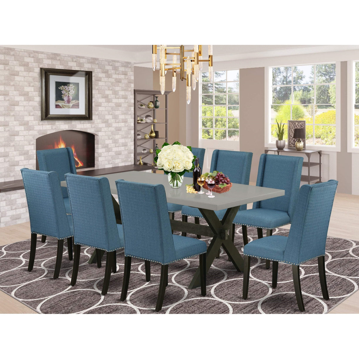 Casafoyer X697Fl121-9 9 Piece Modern Dining Table Set Includes A Rectangle Dining Room Table With X-Legs And 8 Blue Linen Fabric Parsons Chairs, 40X72 Inch, Multi-Color