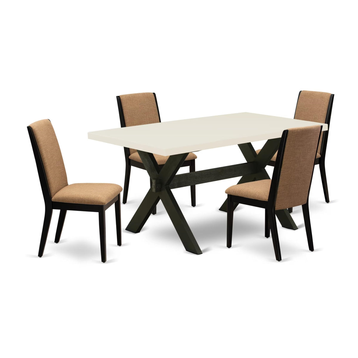 Casafoyer X626La147-5 5 Piece Dining Room Table Set Includes A Rectangle Kitchen Table With X-Legs And 4 Light Sable Linen Fabric Parsons Dining Chairs, 36X60 Inch, Multi-Color