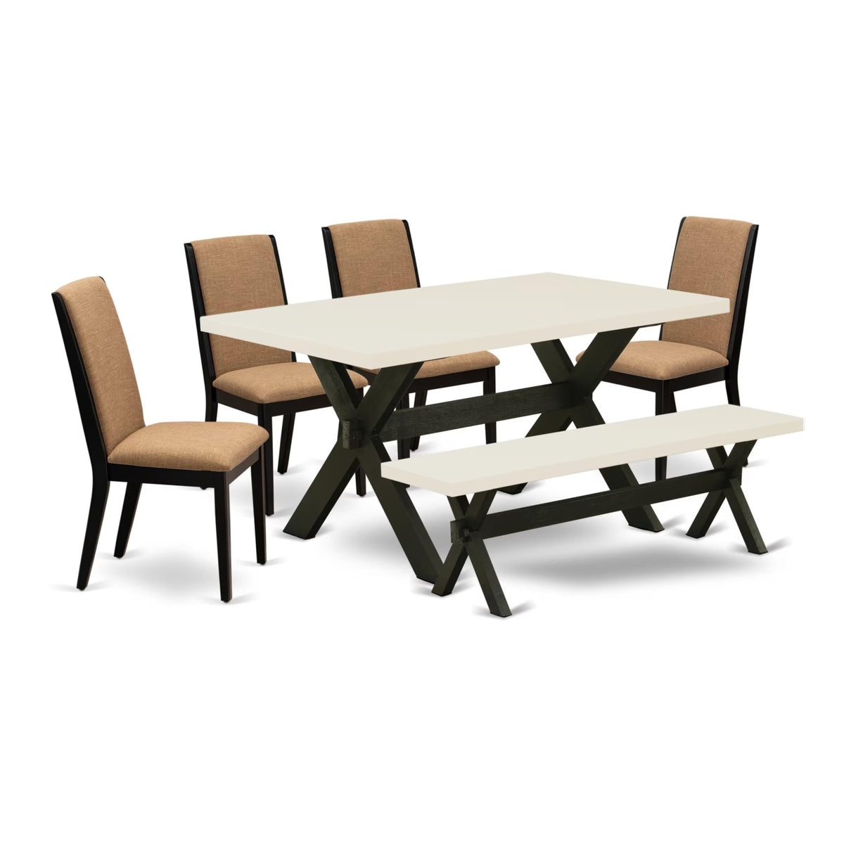 Casafoyer X626La147-6 6 Piece Kitchen Table Set Contains A Rectangle Dining Table With X-Legs And 4 Light Sable Linen Fabric Parson Chairs With A Bench, 36X60 Inch, Multi-Color