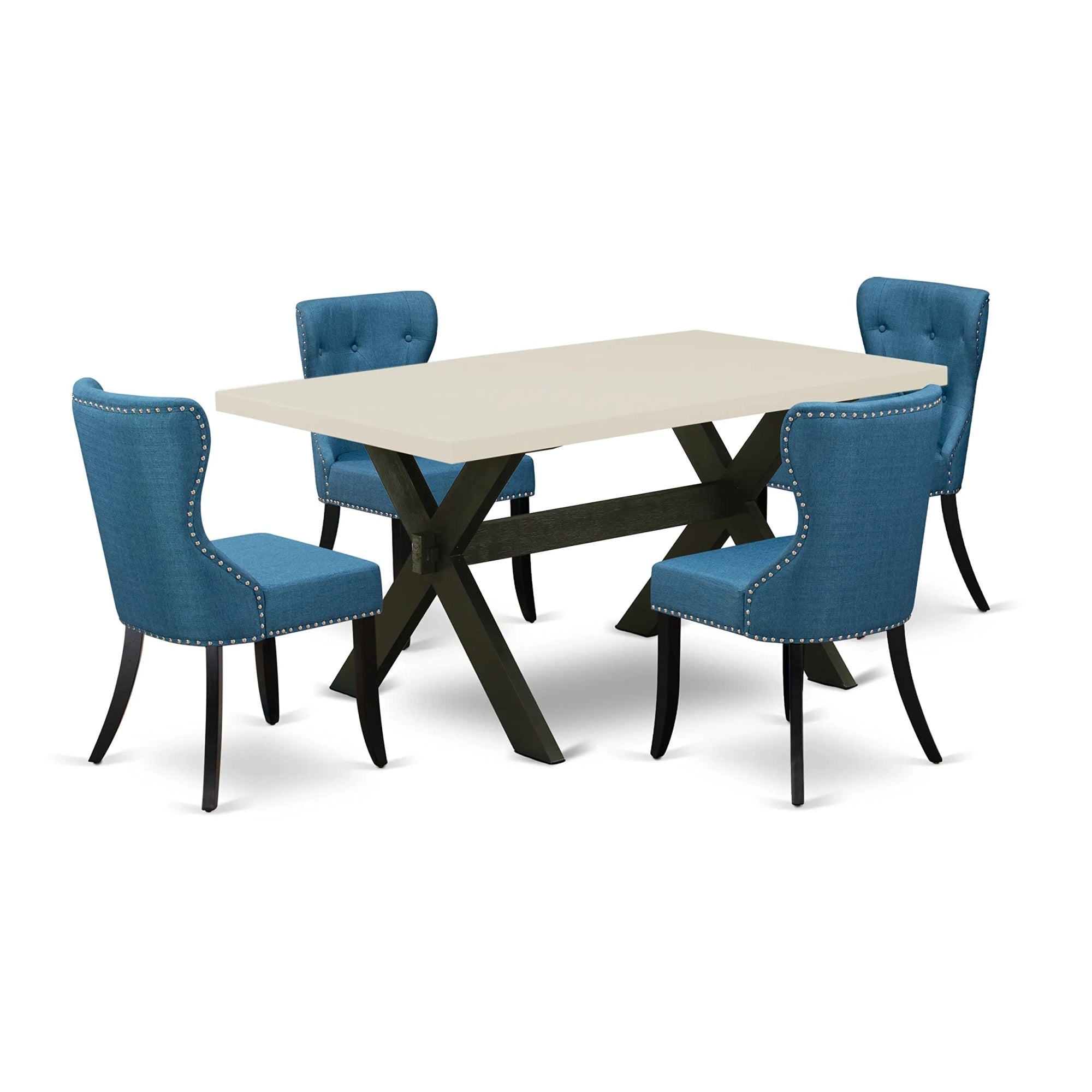 Ergode X626Si121-5, 5-Piece Dining Set, Rectangle Table With X-Legs, 4 Blue Linen Fabric Chairs, 36X60 Inch
