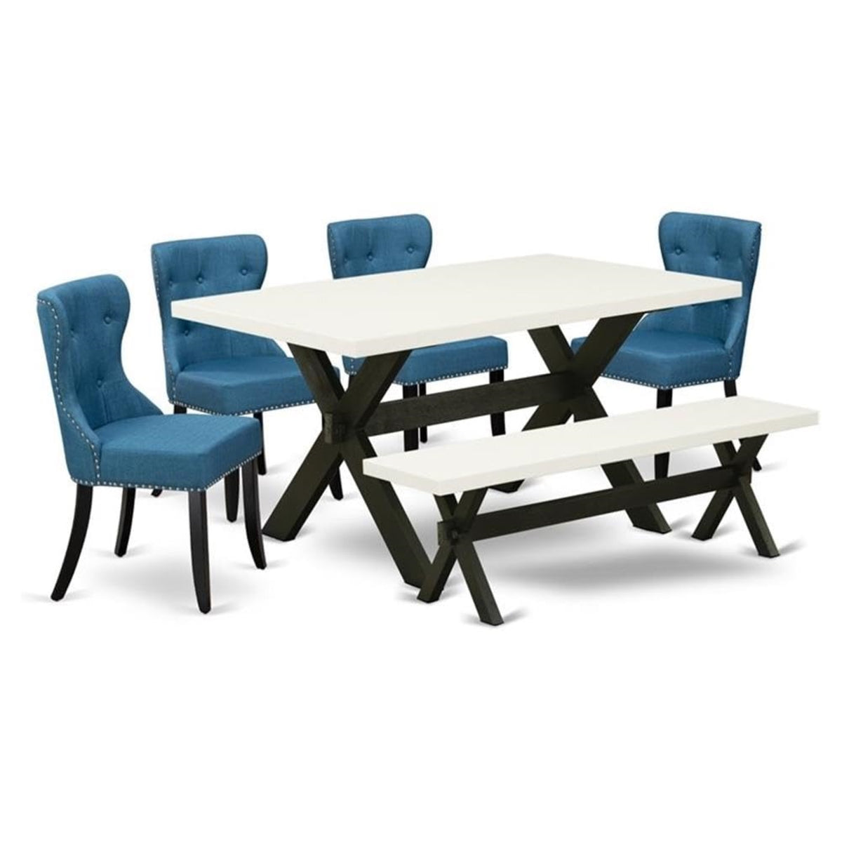 Casafoyer X626Si121-6 6 Piece Kitchen Table Set Contains A Rectangle Dining Table With X-Legs And 4 Blue Linen Fabric Parson Chairs With A Bench, 36X60 Inch, Multi-Color