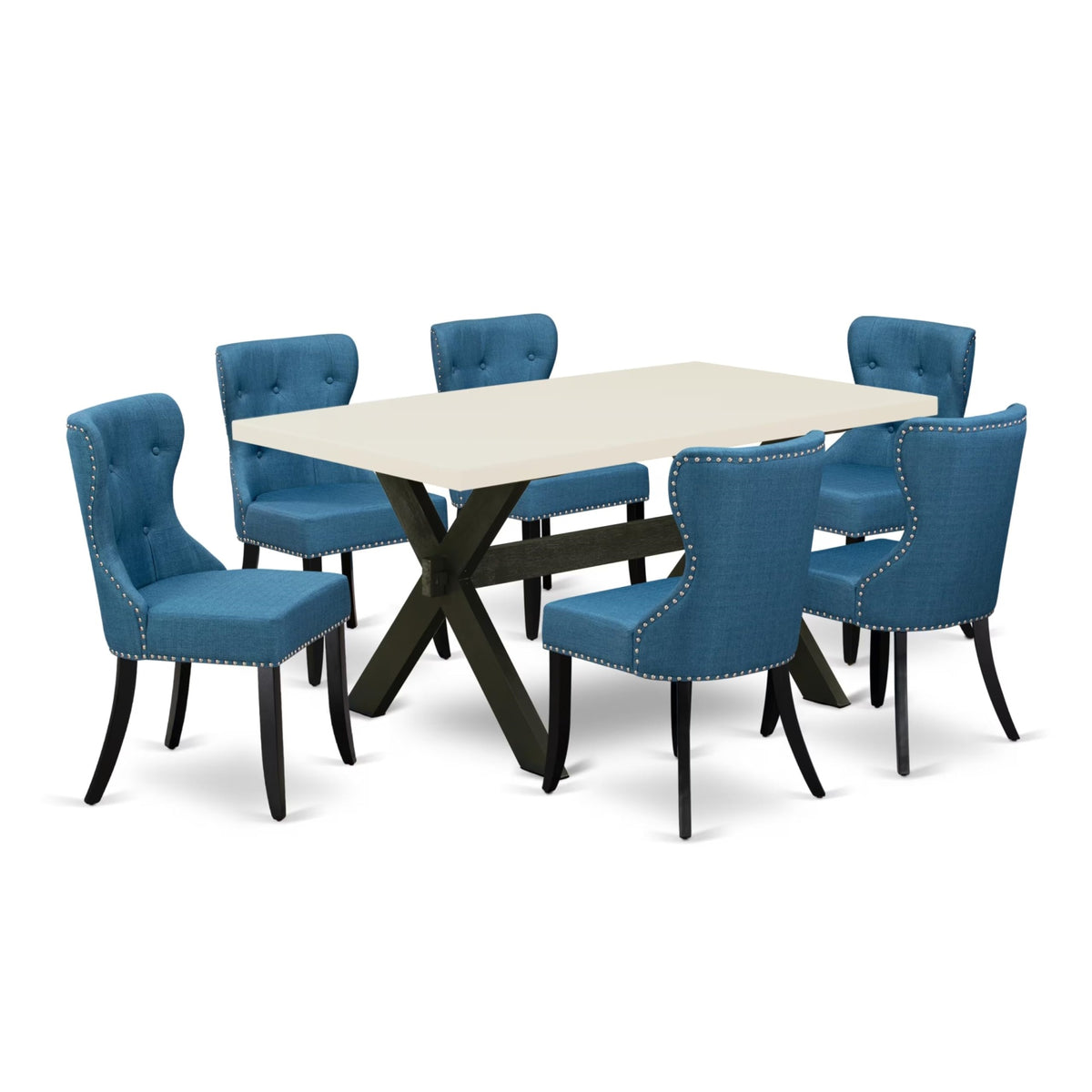 Casafoyer X-Style 7 Piece Kitchen Set Consist Of A Rectangle Dining Room Table With X-Legs And 6 Blue Linen Fabric Upholstered Chairs, 36X60 Inch, X626Si121-7