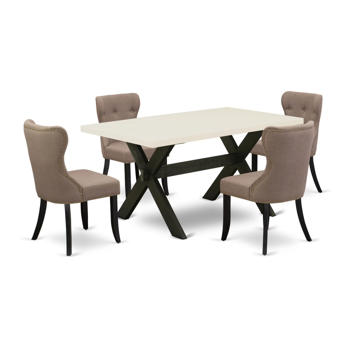 Casafoyer X-Style 5 Piece Modern Set Includes A Rectangle Wooden Table With X-Legs And 4 Coffee Linen Fabric Parsons Dining Chairs, 36X60 Inch, X626Si648-5