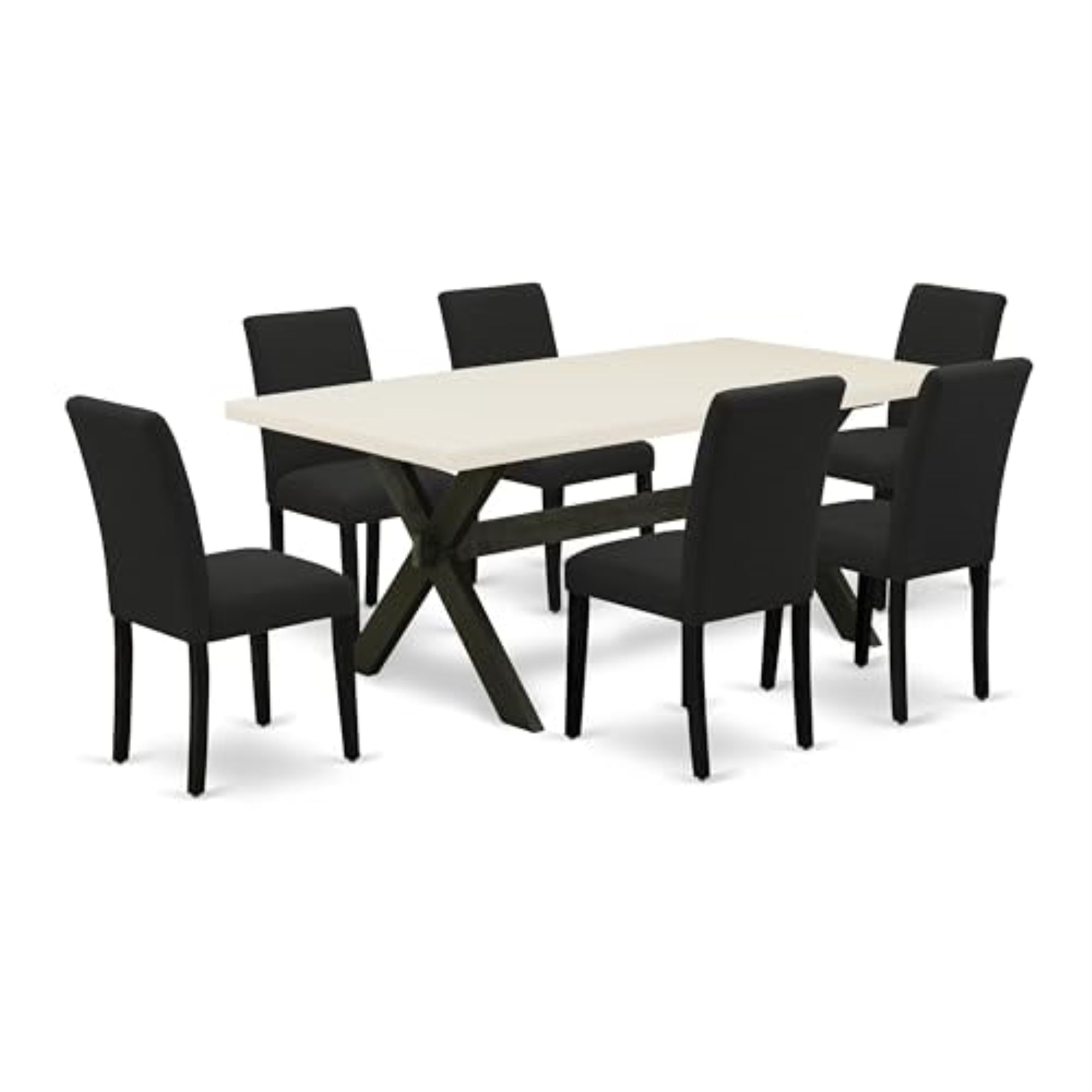 Casafoyer X627Ab624-7 7 Piece Dining Room Furniture Set Consist Of A Rectangle Dining Table With X-Legs And 6 Black Color Linen Fabric Upholstered Chairs, 40X72 Inch, Multi-Color